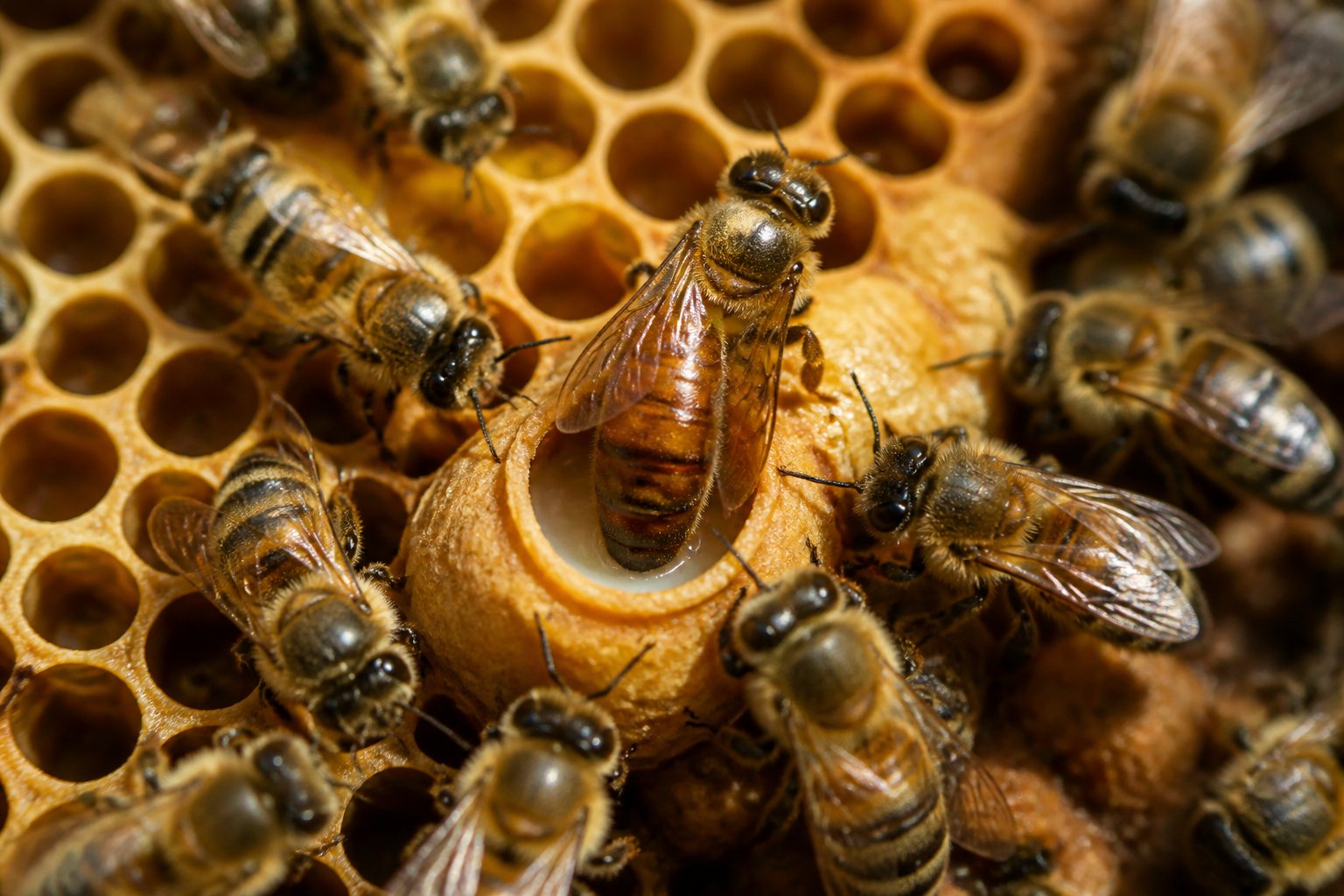 Close-up view of a honeybee hive showing a queen bee emerging from a royal jelly cell surrounded by worker bees inside a honeycomb.