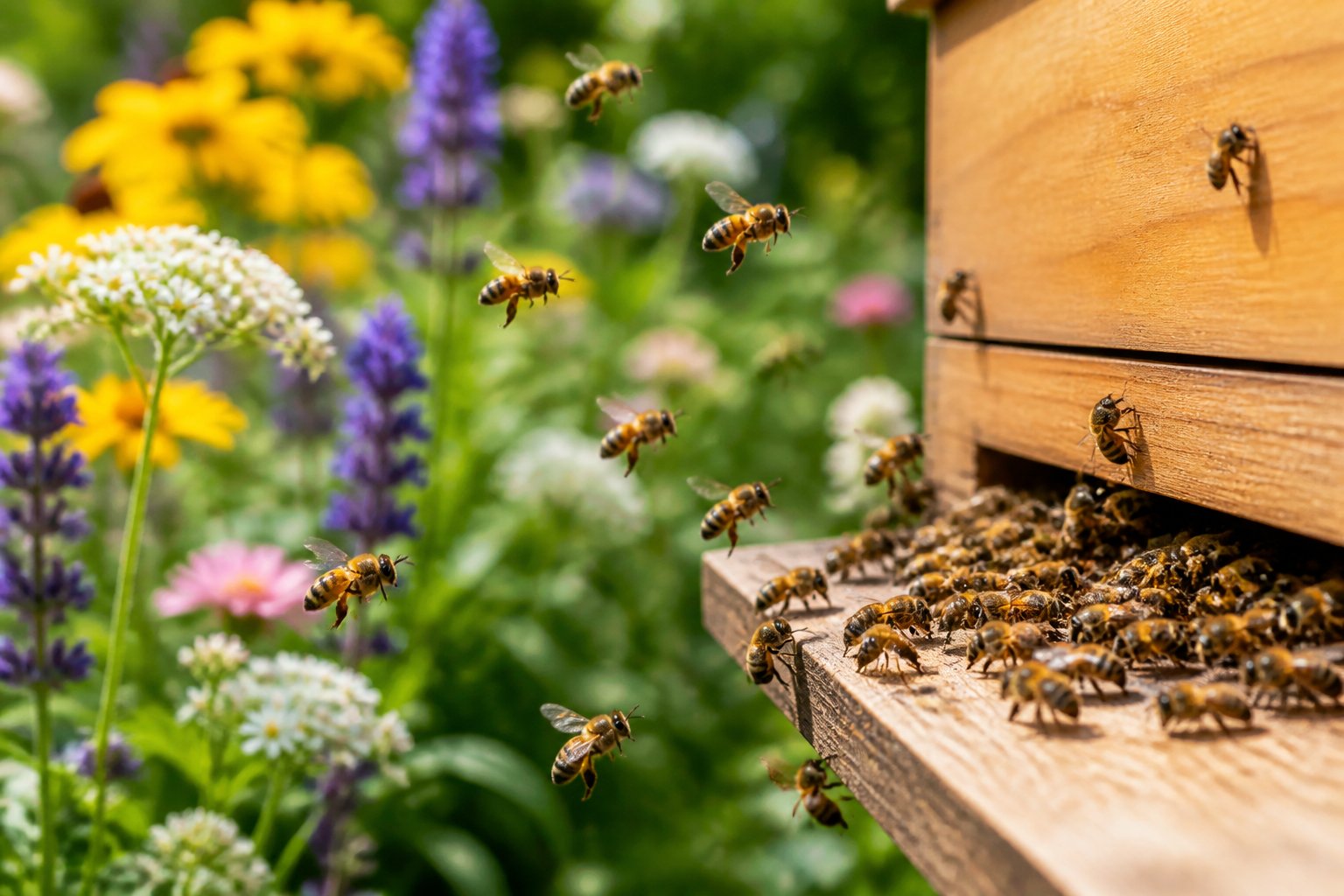 Close-up of bees flying around and landing on a hive surrounded by colorful flowers in a garden.