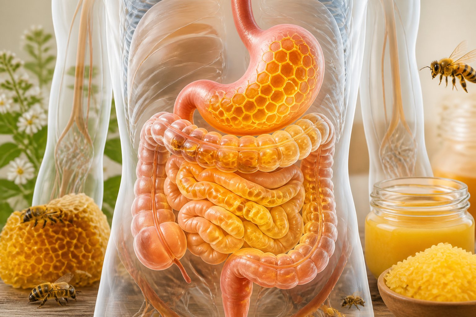 Illustration of a human digestive system with honeycomb patterns inside, surrounded by bees and beeswax pieces.