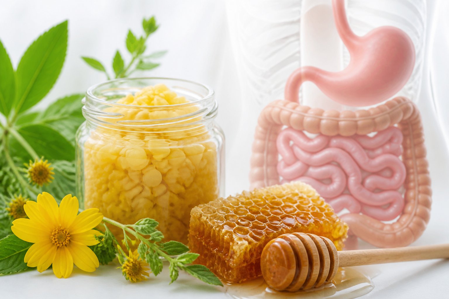 A close-up of a jar of beeswax pellets next to honeycomb and a honey dipper, with an illustration of the human digestive system in the background.