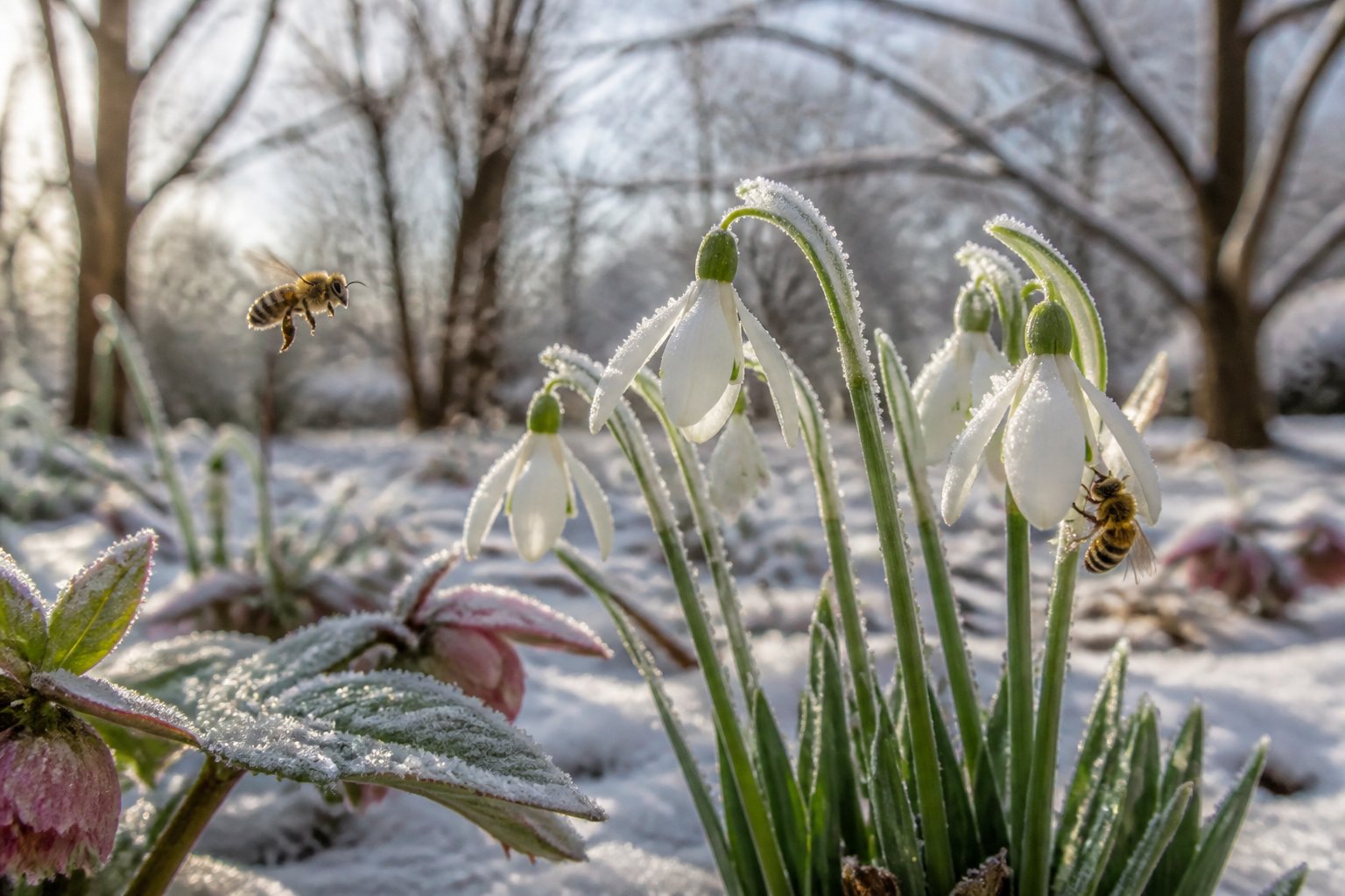 Bees flying and resting on winter-blooming flowers with frost-covered plants and bare branches in the background.