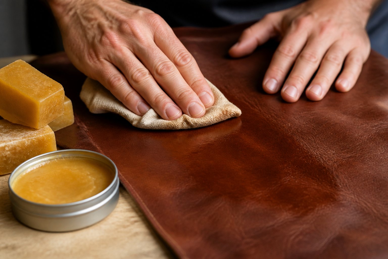 Hands applying beeswax to brown leather with a cloth, with beeswax container nearby.