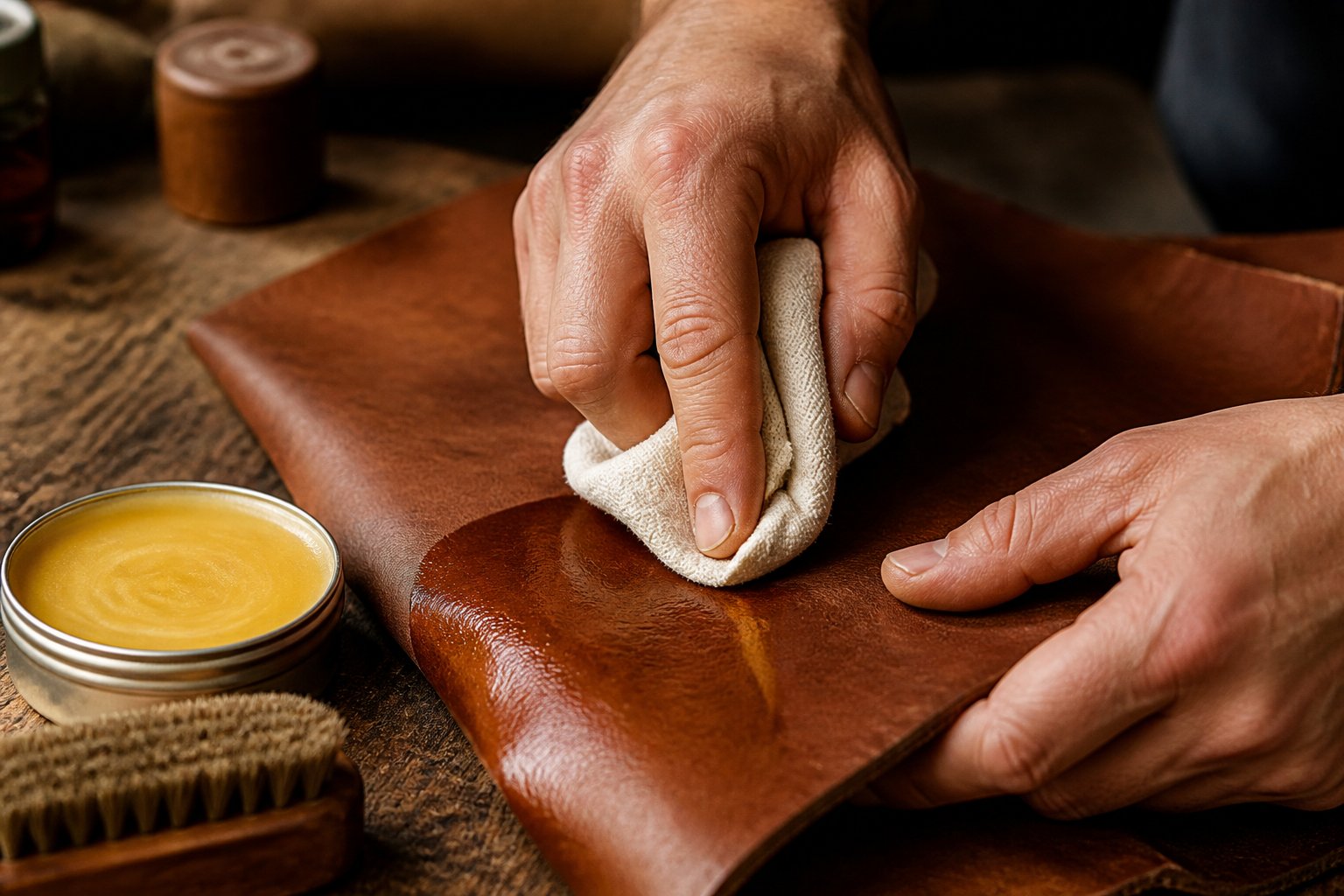 Hands applying beeswax onto a piece of brown leather on a wooden workbench.
