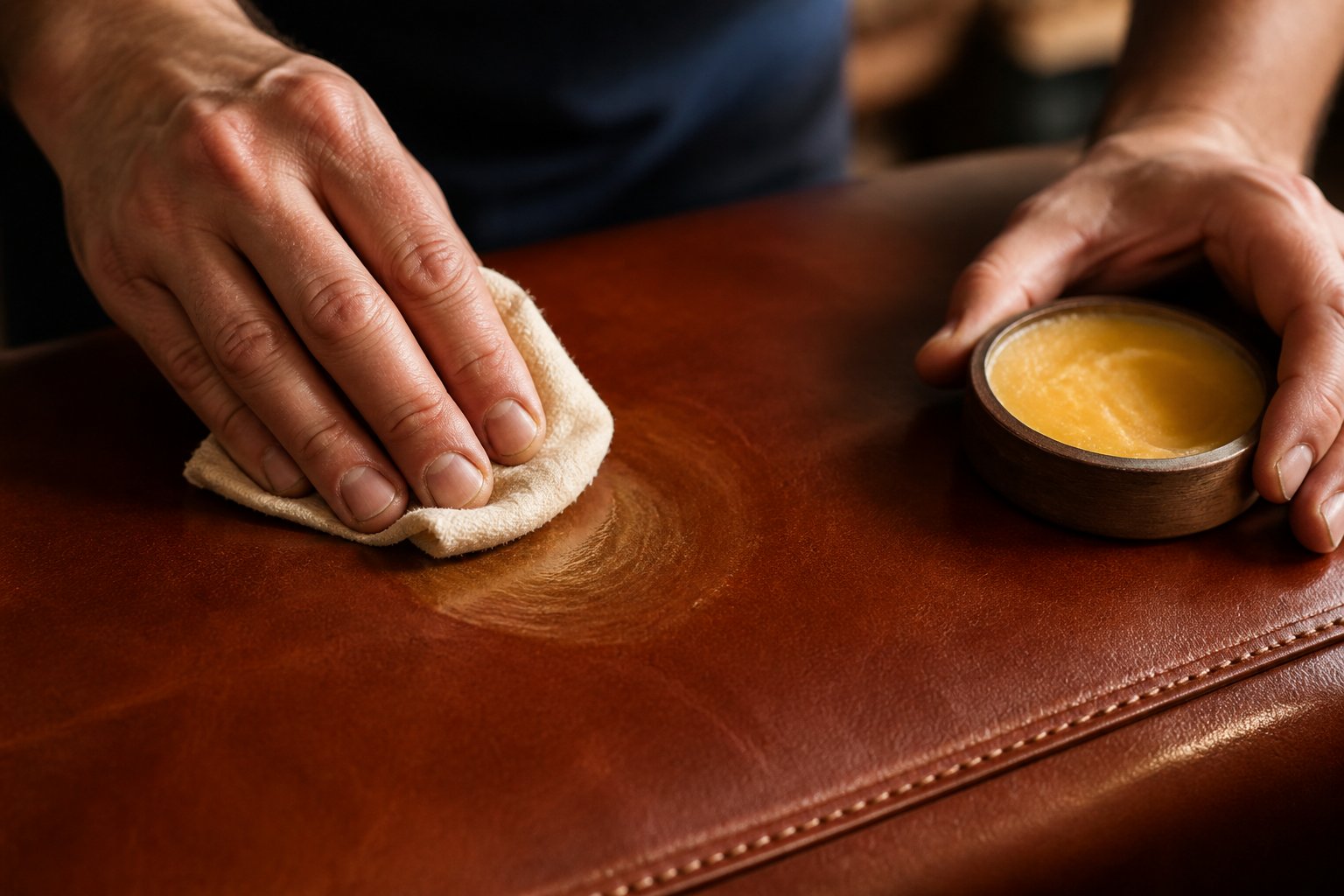 Hands applying beeswax to a leather surface using a soft cloth.