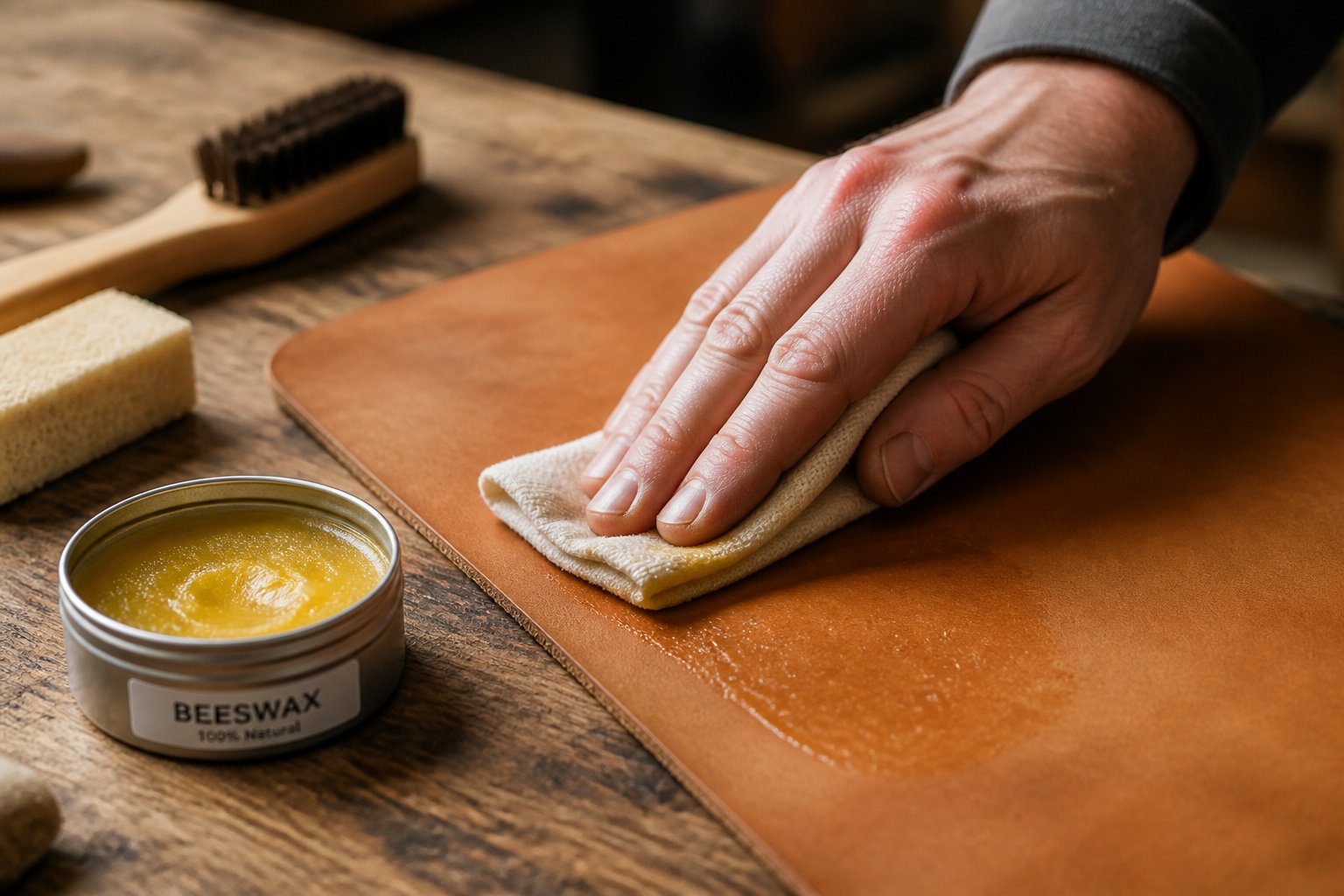 A person applying beeswax to a piece of tan leather with a cloth on a wooden table.