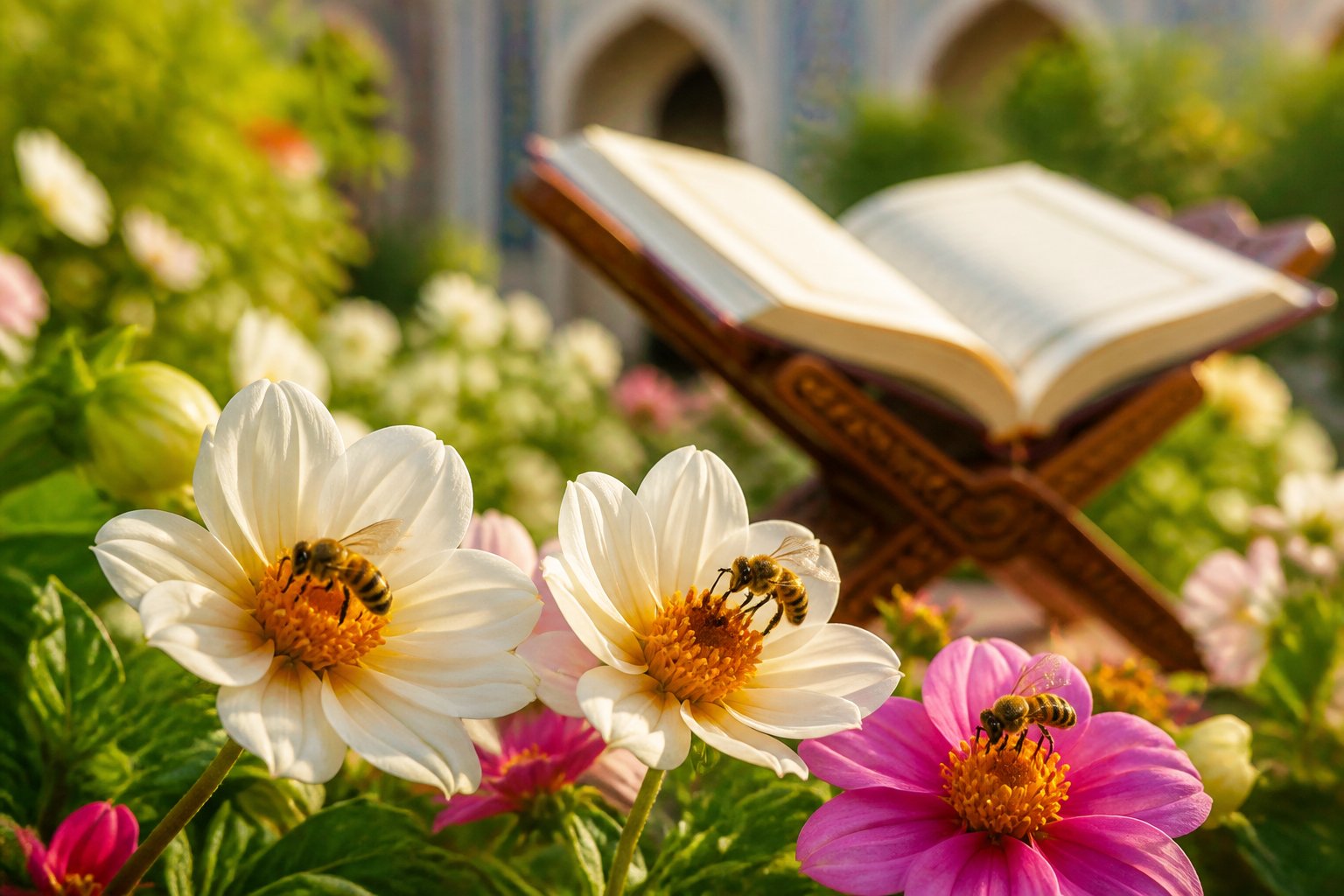 Close-up of bees pollinating flowers with an open Quran in the background on a wooden stand.