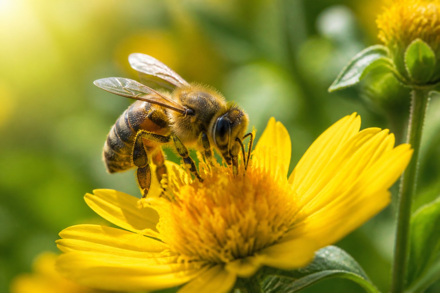 A honeybee collecting nectar on a yellow flower in a green garden.