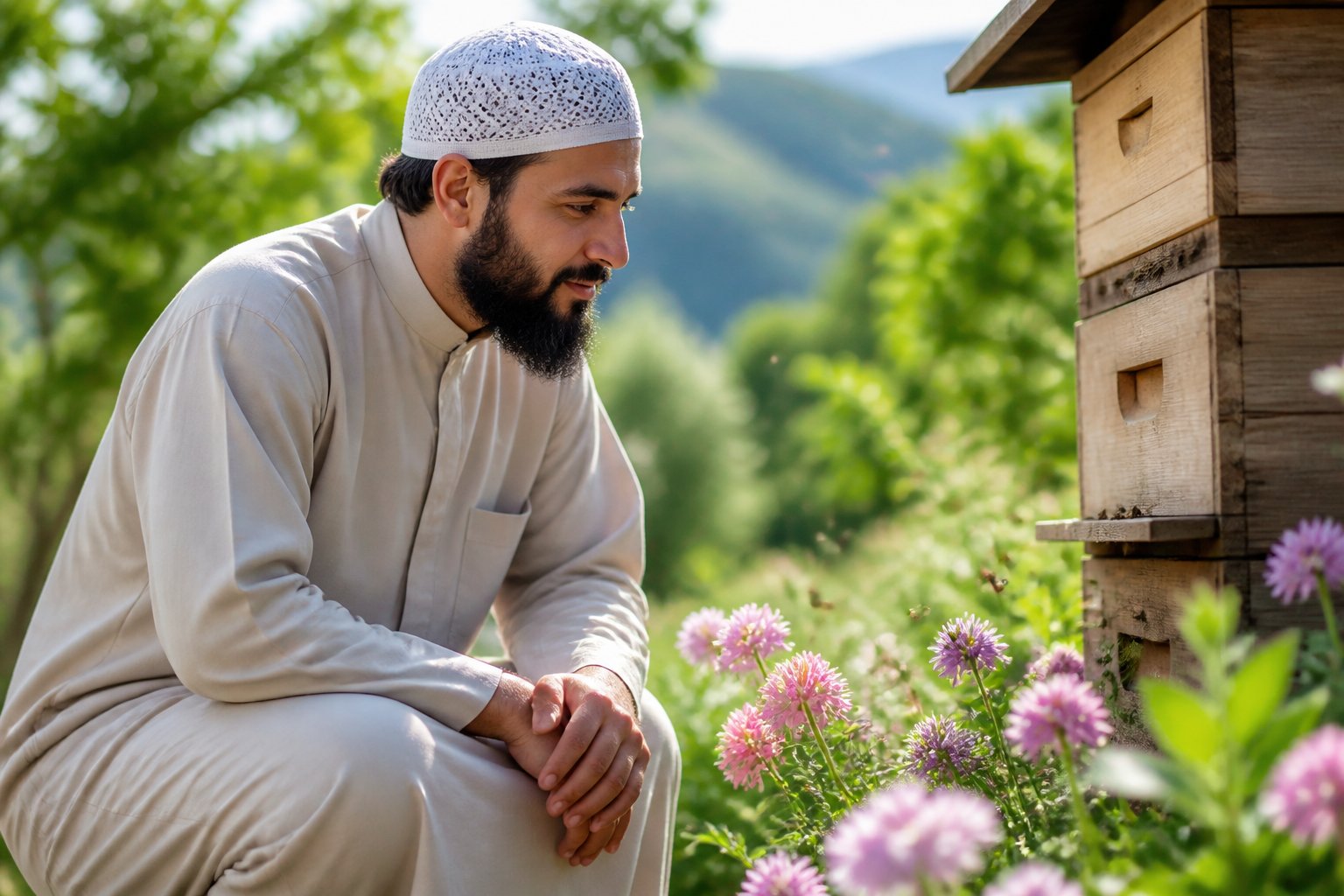 A person in traditional Islamic clothing gently observing bees on flowers in a green outdoor setting.