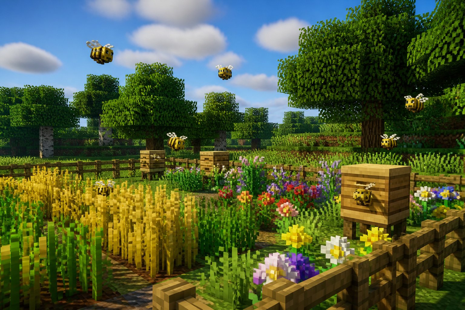 A simple farm with wooden fences, crops, and beehives surrounded by bees flying gently under a blue sky with trees in the background.