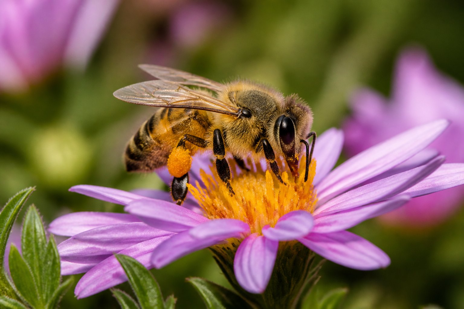 Close-up of a honeybee on a colorful flower surrounded by green leaves.