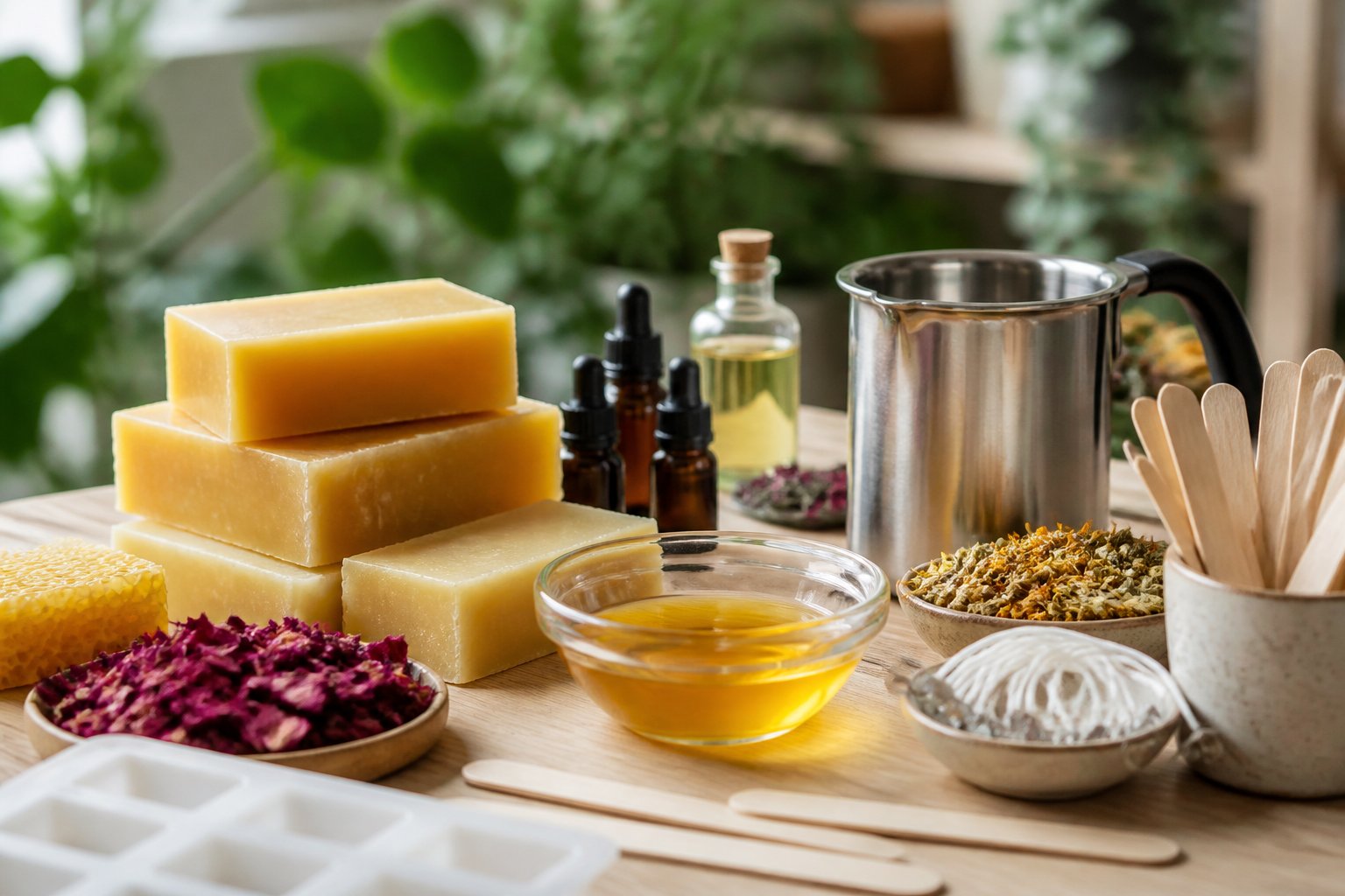 A workspace with beeswax blocks, melting pot, stirring sticks, essential oils, dried flowers, and cotton wicks arranged on a wooden table.