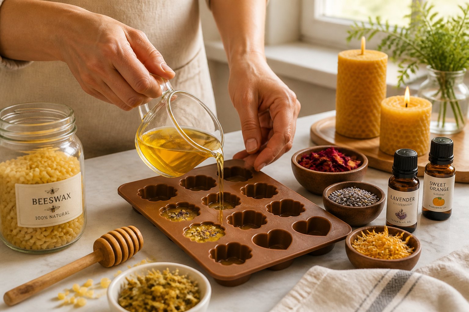 Hands pouring melted beeswax into silicone molds on a kitchen counter surrounded by natural ingredients and beeswax pellets.