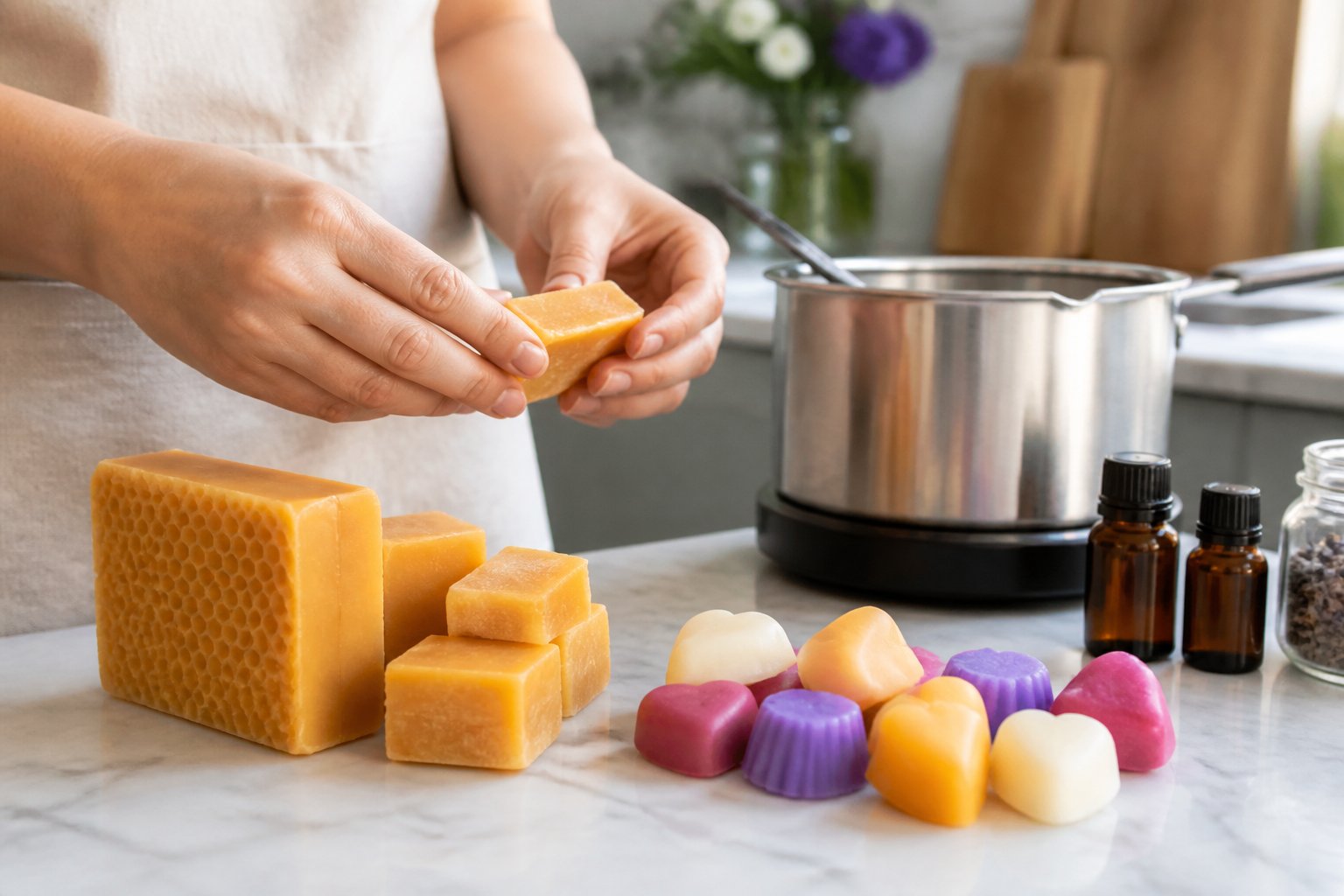 Hands holding a block of beeswax next to colorful wax melts on a kitchen countertop with a melting pot and essential oils in the background.
