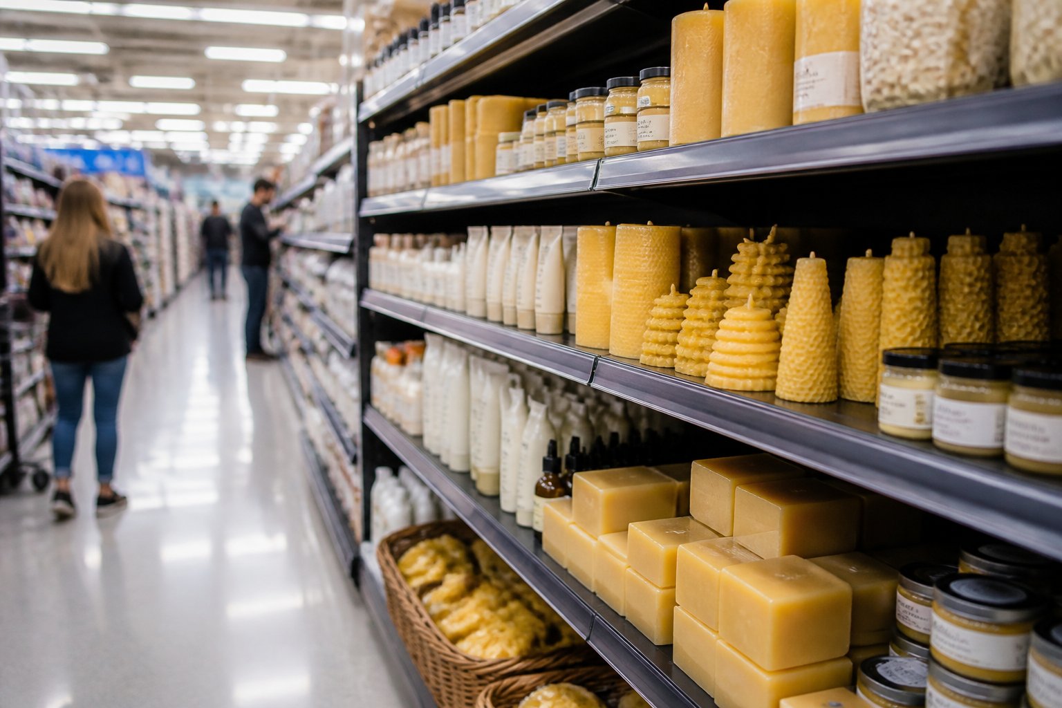 A Walmart store aisle with shelves displaying beeswax products such as candles and blocks, with shoppers in the background.