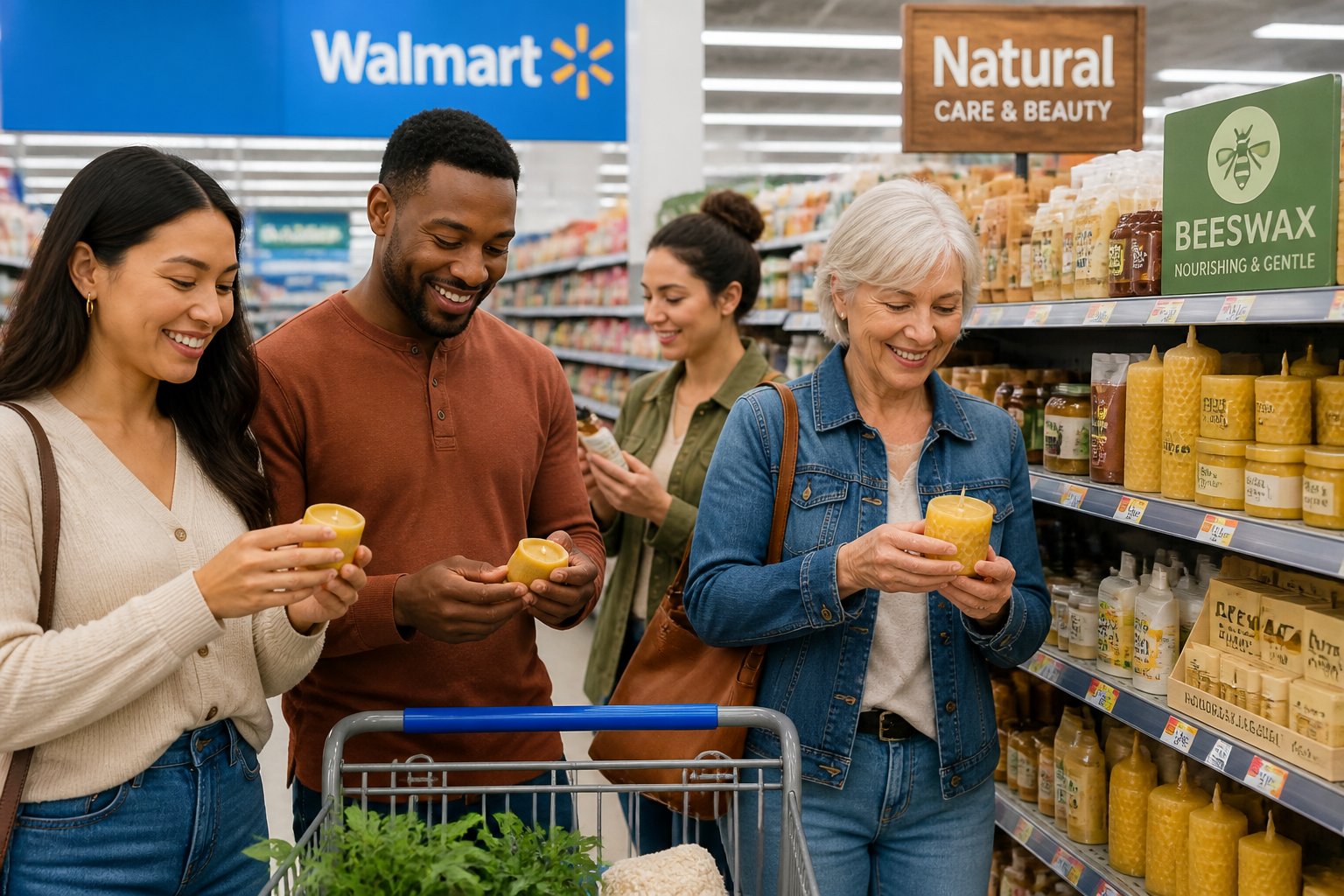 Shoppers browsing natural health and beauty products, including beeswax items, in a Walmart store aisle.