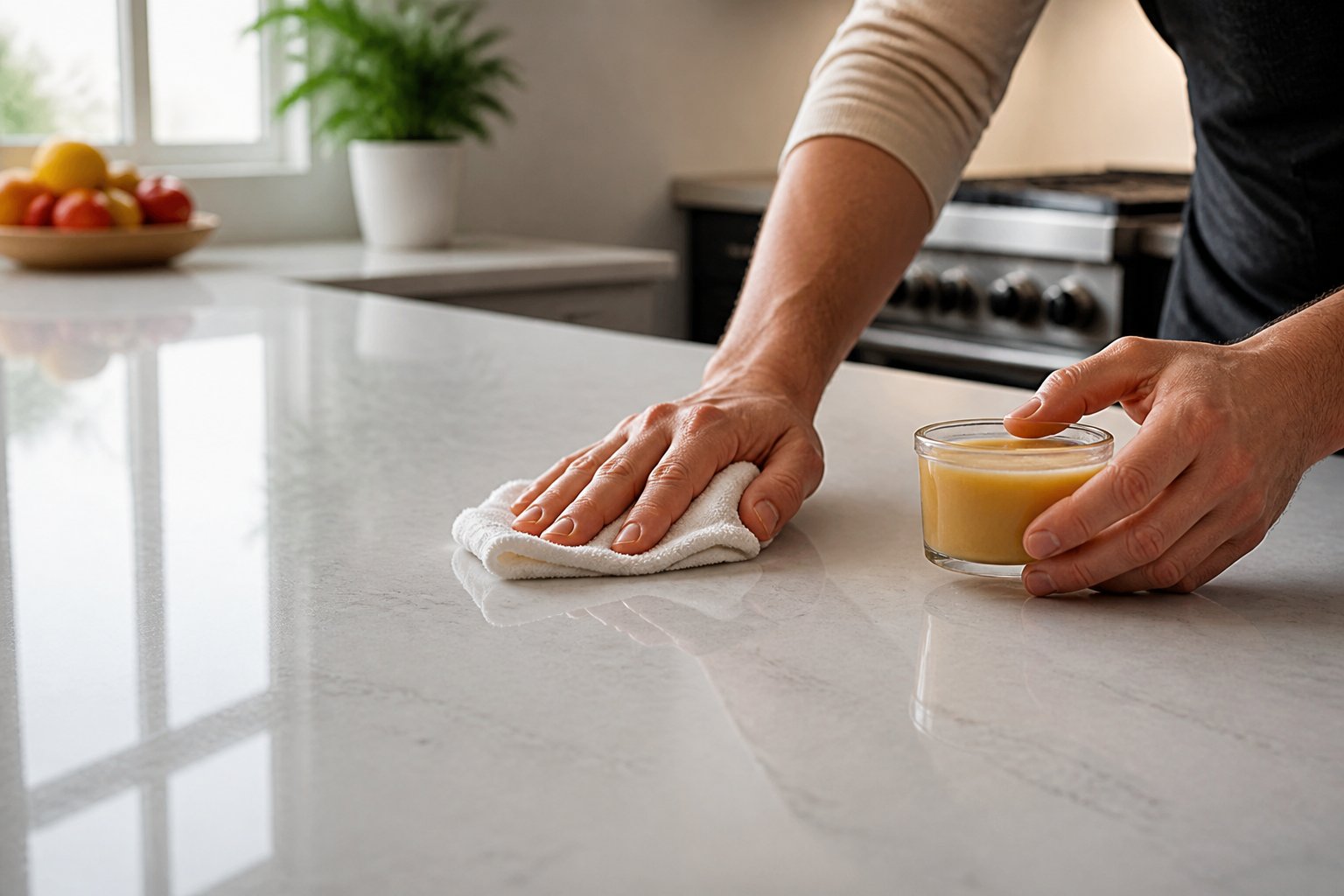 Close-up of hands applying beeswax with a cloth on a polished quartz kitchen countertop.