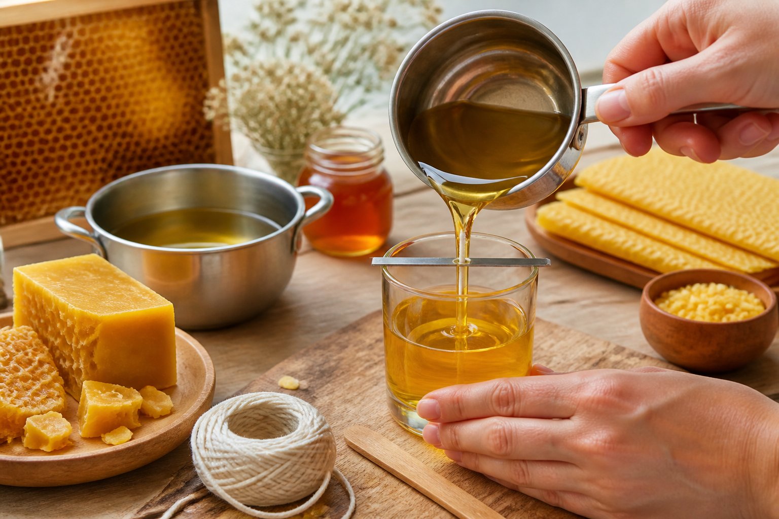 Hands pouring melted beeswax into a glass candle mold on a workspace with beeswax blocks and candle making supplies.