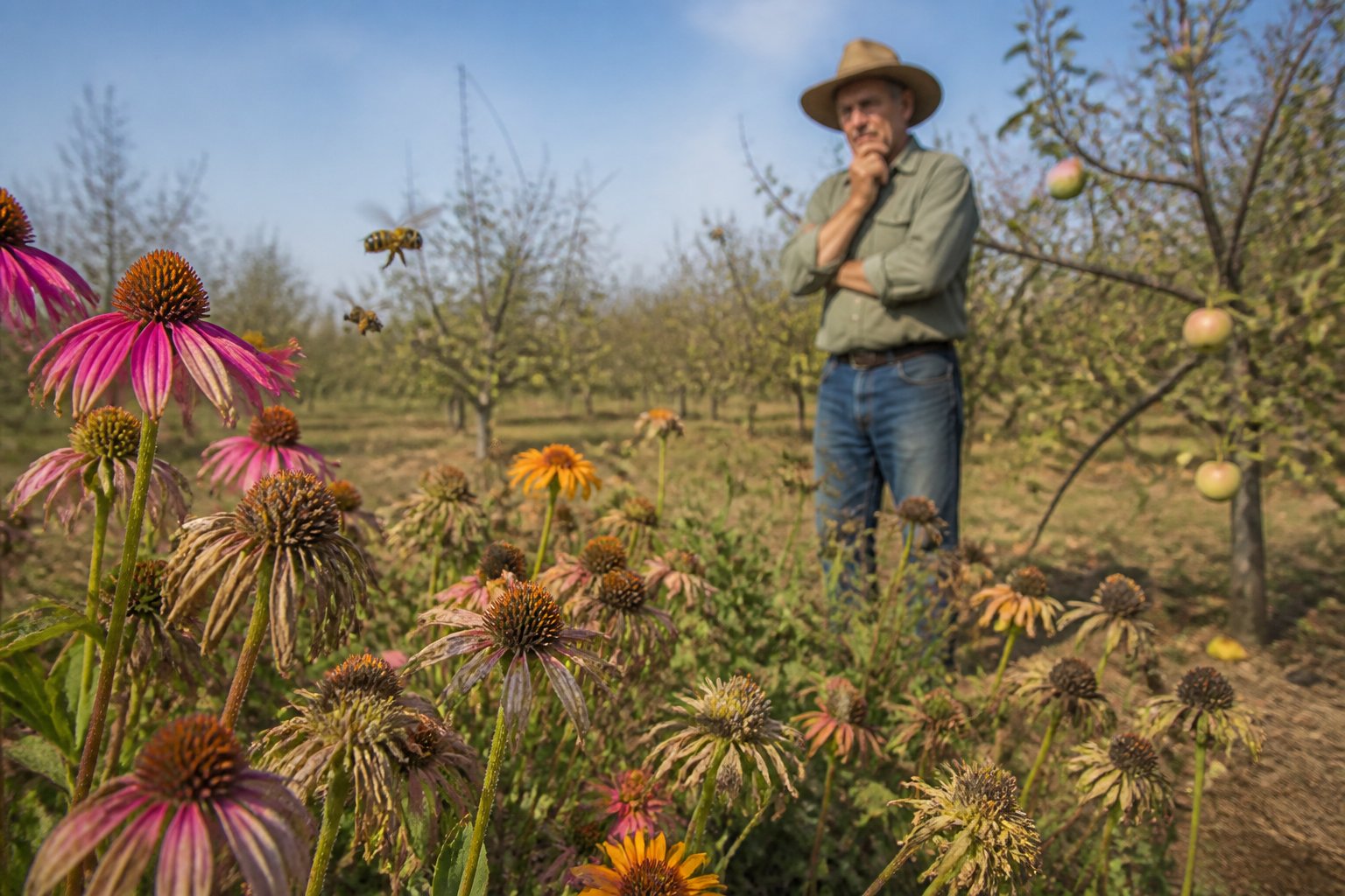 A garden with wilting flowers and few bees, a worried farmer looking at a sparse orchard in the background.