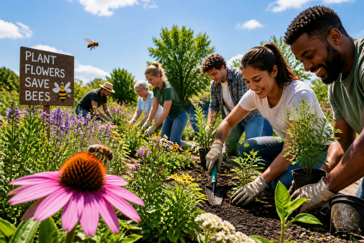 People planting flowers and trees in a garden with bees pollinating the blossoms.