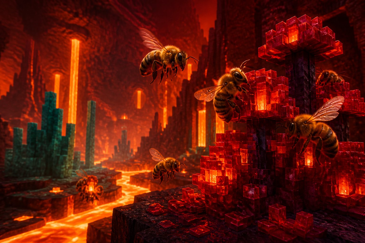 Bees flying and working among glowing red-orange rocks and plants in a fiery, otherworldly landscape.