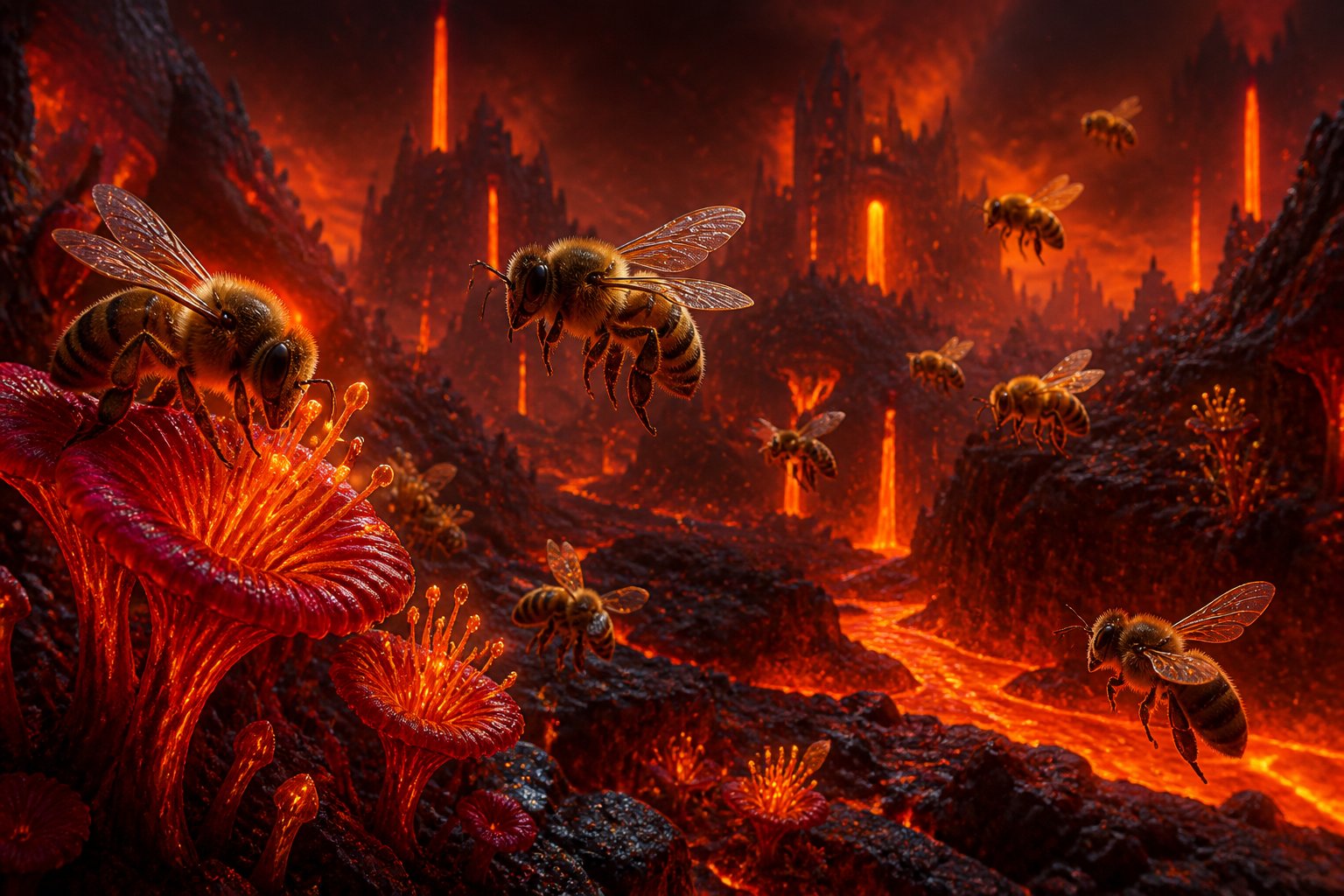 Bees flying and working around glowing red volcanic terrain with lava and strange glowing plants in a dark, smoky environment.
