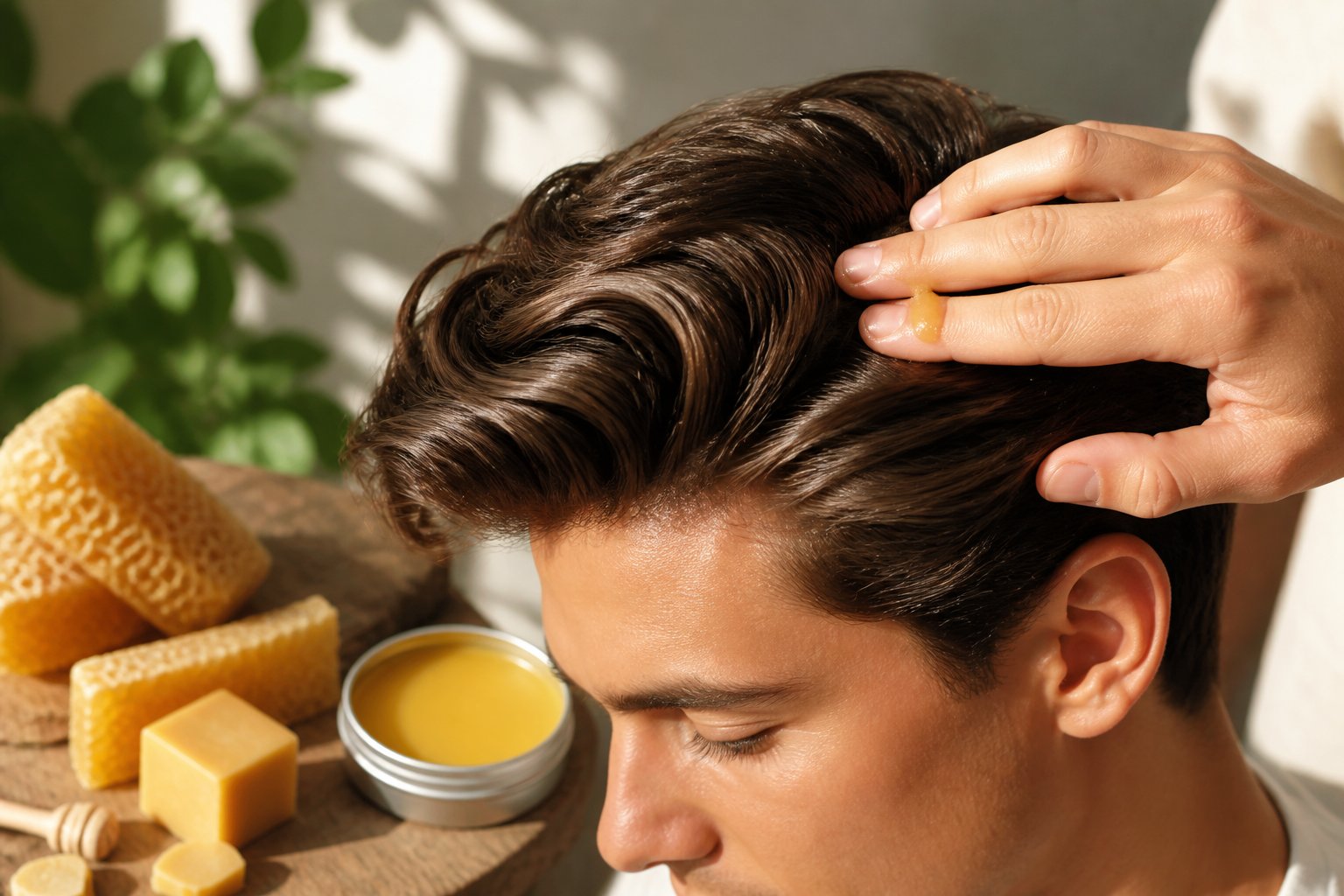 Close-up of a person having beeswax applied to their healthy, shiny hair with a small container of beeswax and honeycombs nearby.