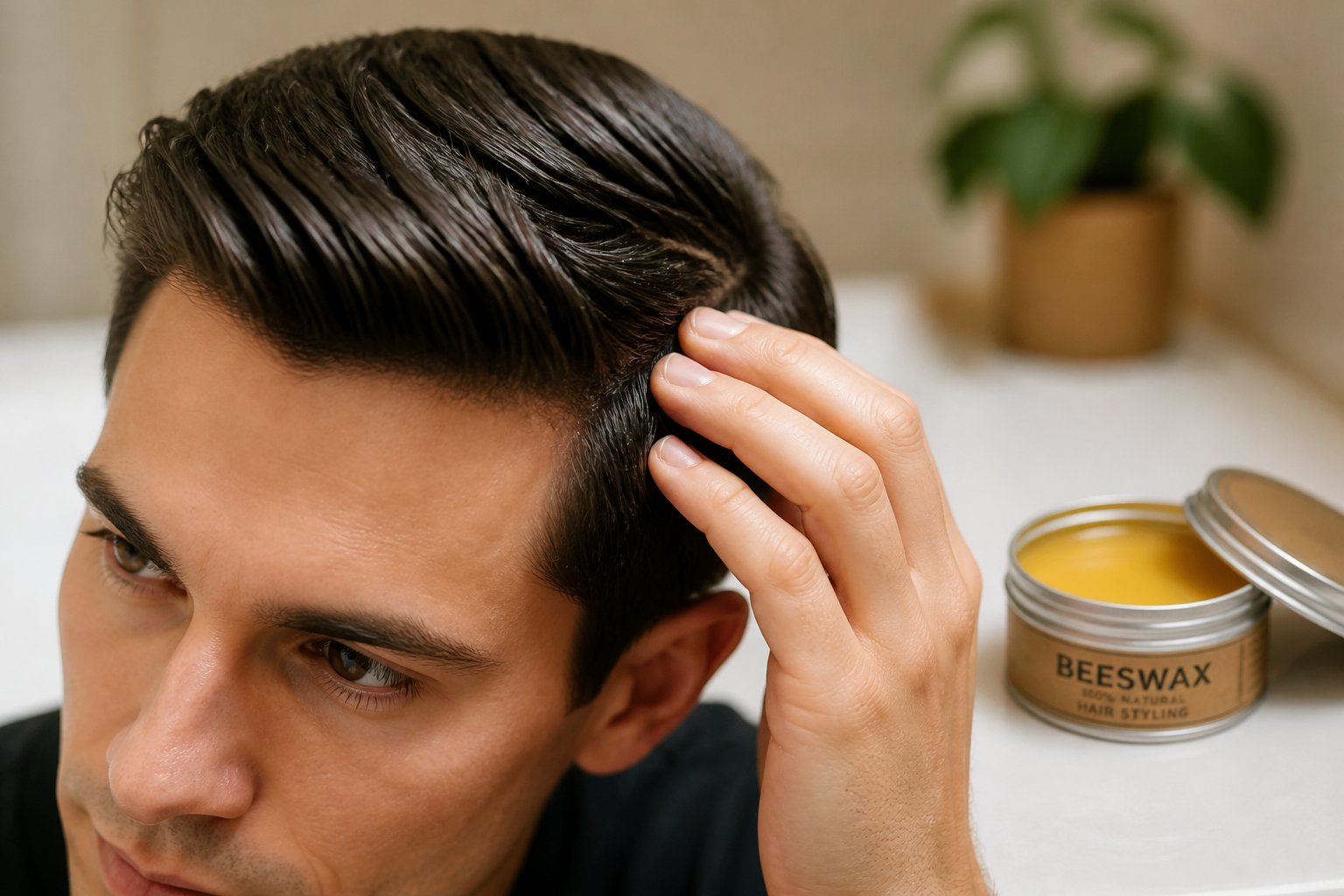 A person applying beeswax to their hair using their fingers with a small container of beeswax nearby.