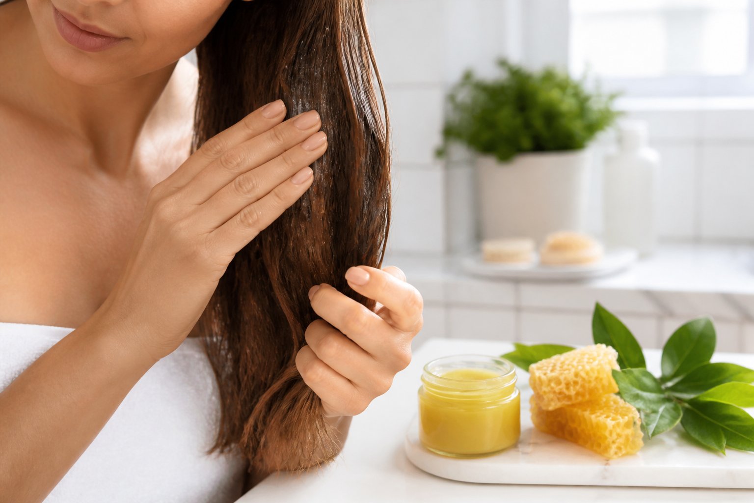 A person applying beeswax to their hair with an open jar of beeswax and honeycomb on a bathroom countertop.