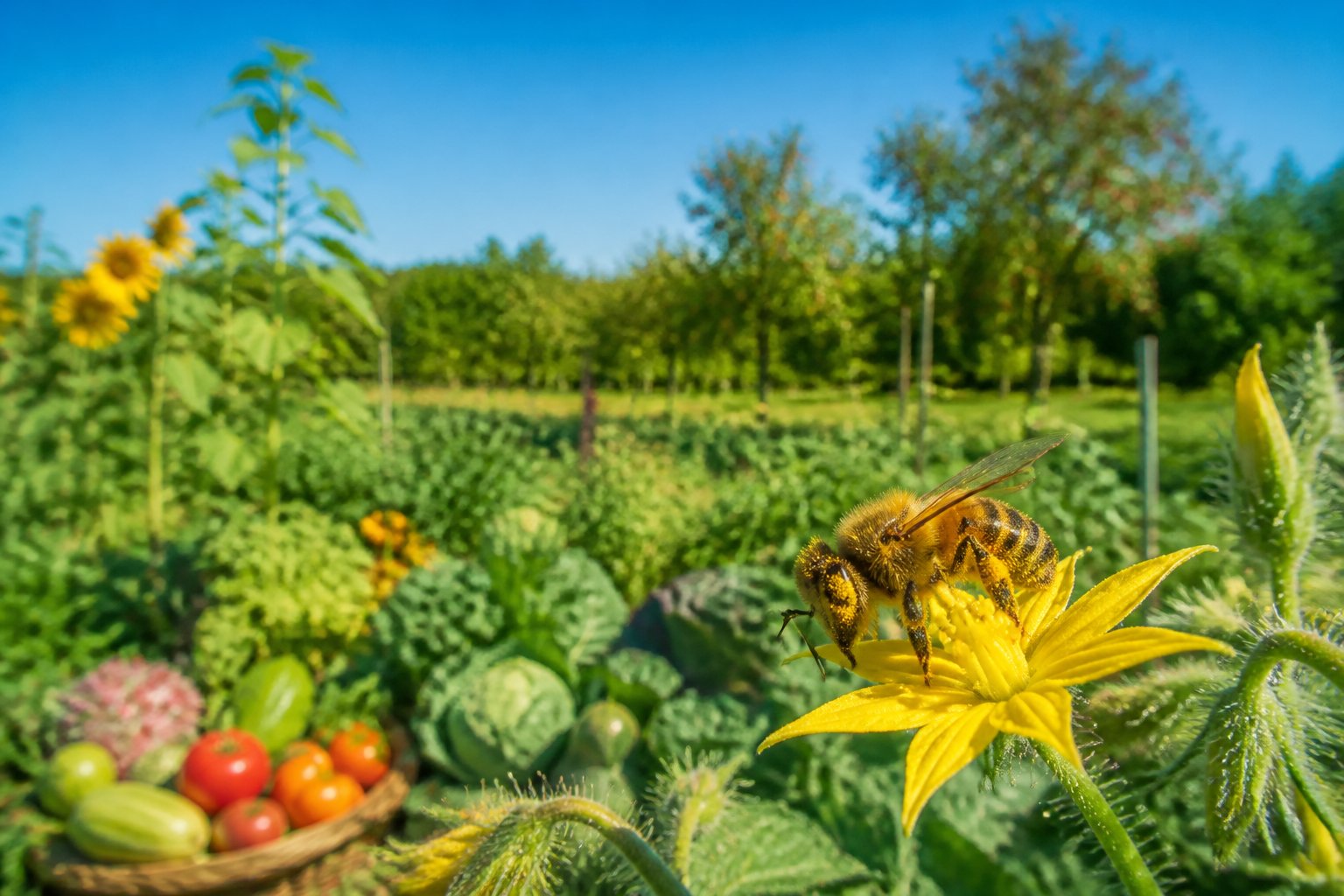 A close-up of a honeybee pollinating a yellow flower in a sunny agricultural field with various crops and green plants in the background.