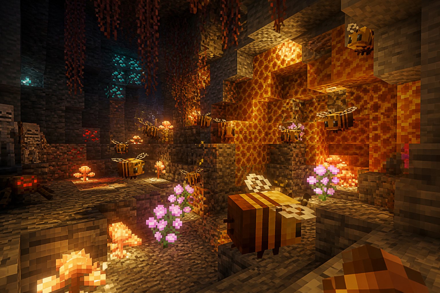 An underground Minecraft cave showing bees flying around and working on honeycombs inside the stone walls, with glowing mushrooms and hostile mobs in the background.