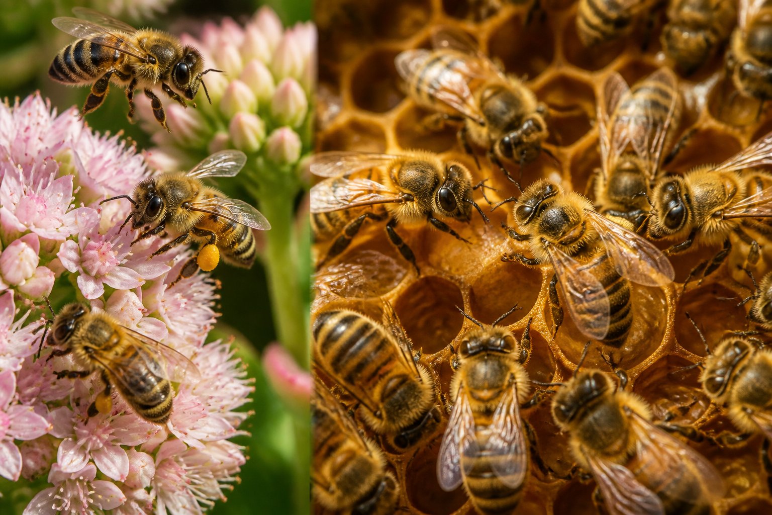Close-up of honeybees working together on flowers and inside a hive, showing their coordinated activity.