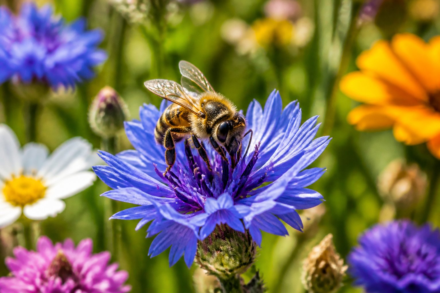 A honeybee collecting nectar from a blue flower in a green meadow.