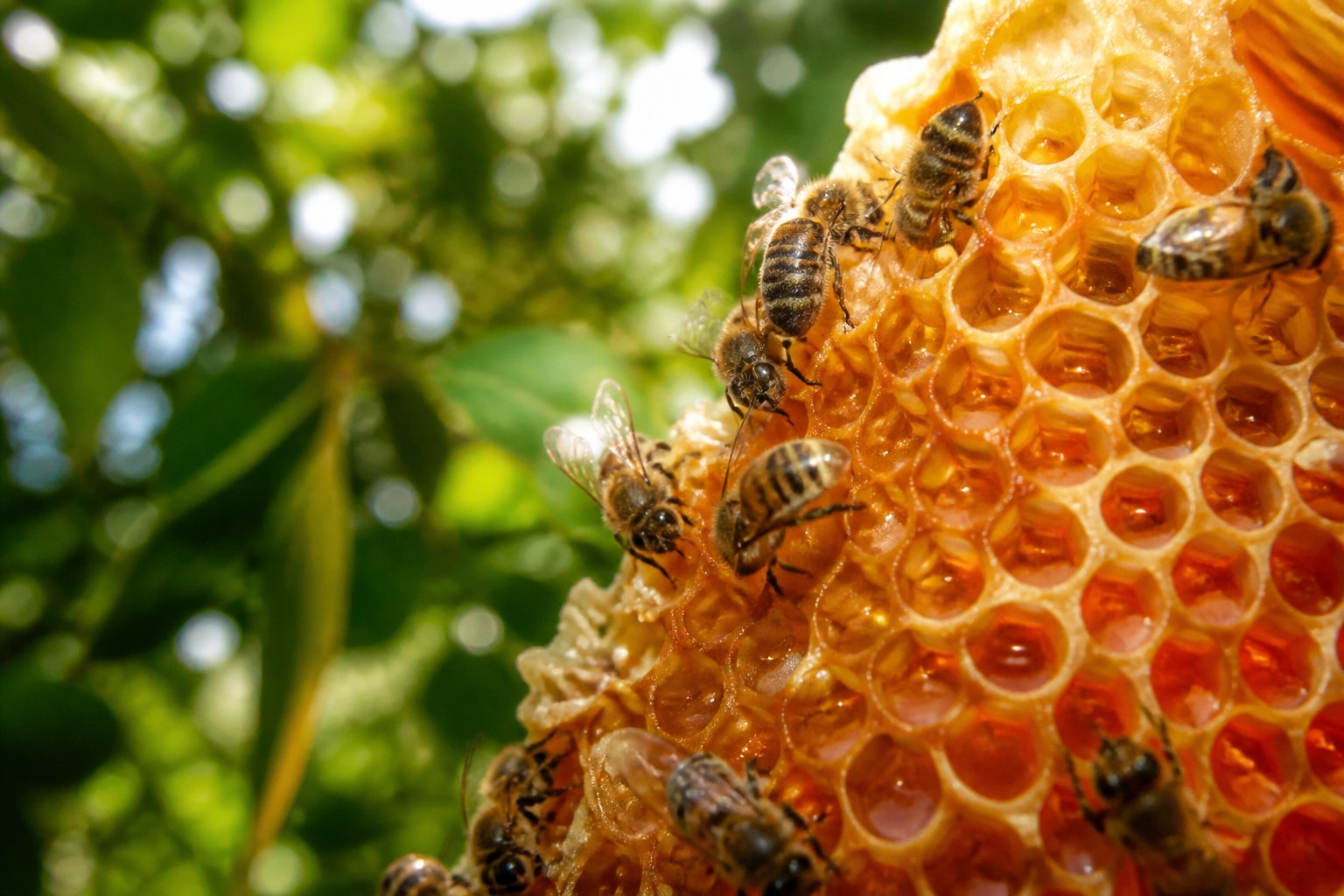 Close-up of bees working on a honeycomb filled with golden honey in a natural outdoor setting.