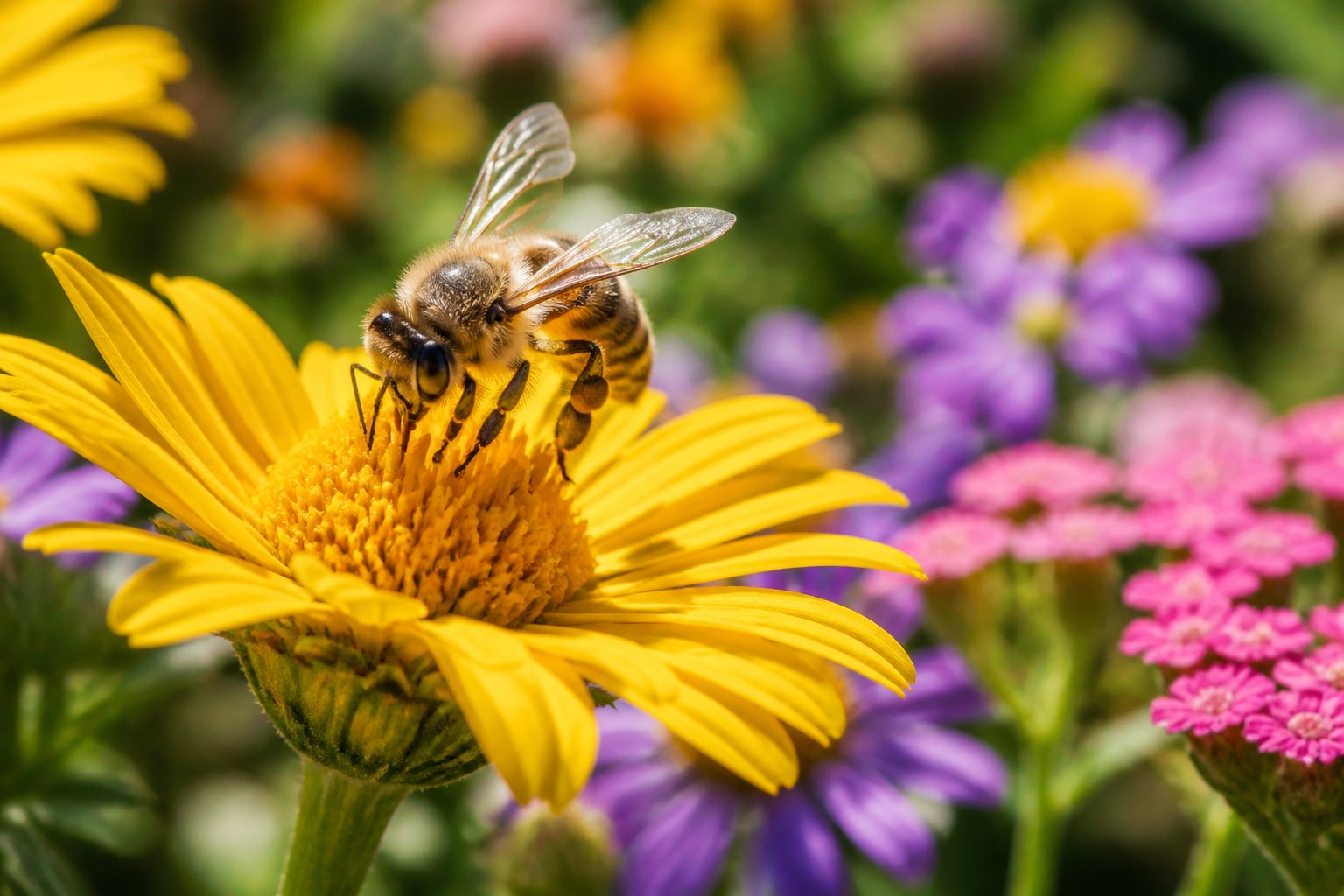 Close-up of a honeybee collecting nectar from a yellow flower in a garden with other blooming flowers in the background.