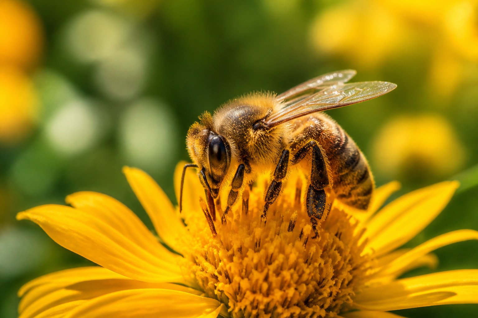 A honeybee collecting nectar on a yellow flower with green blurred background.