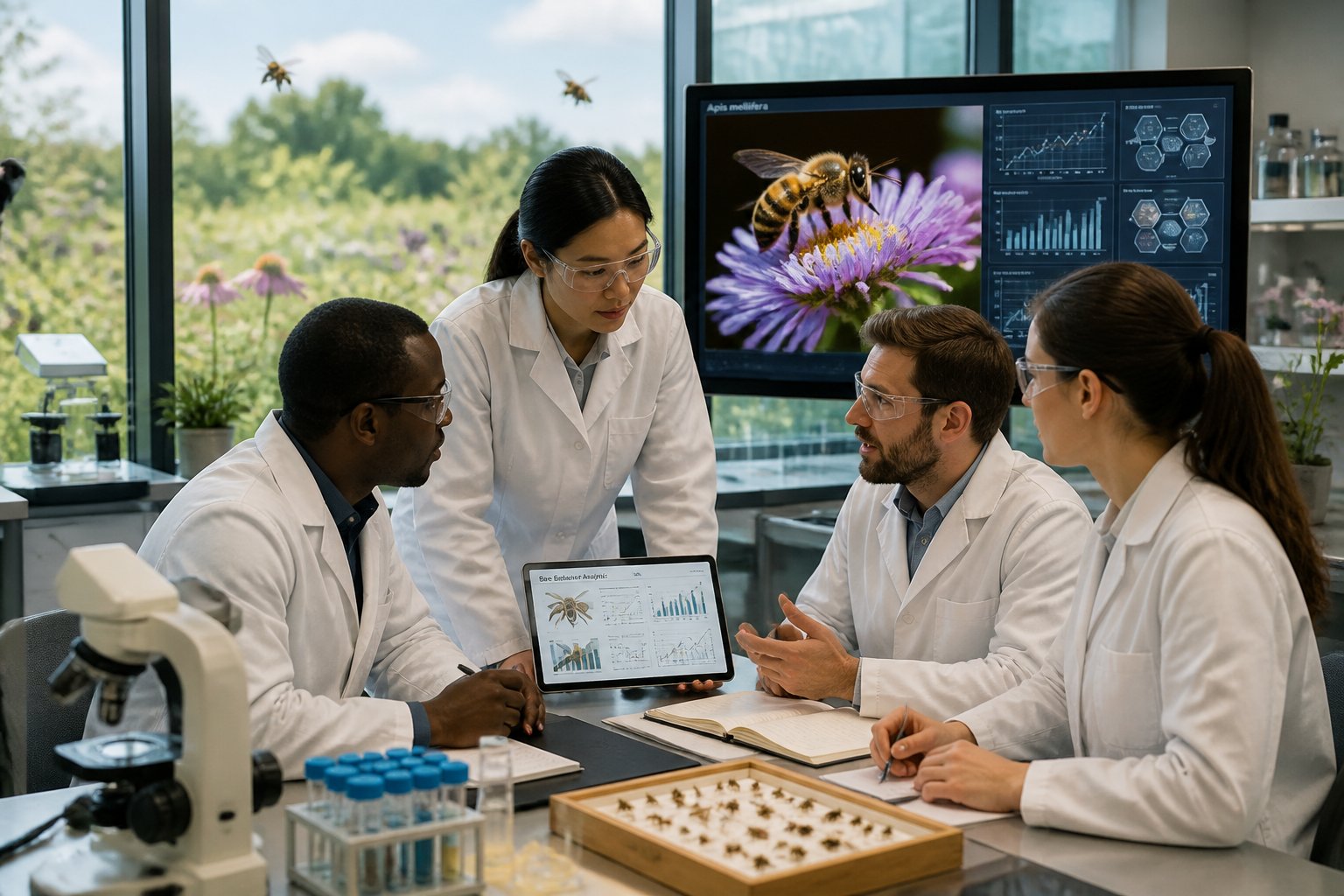 Researchers in a laboratory analyzing data and discussing findings about bees, with scientific equipment and bees visible on screens and outside the window.