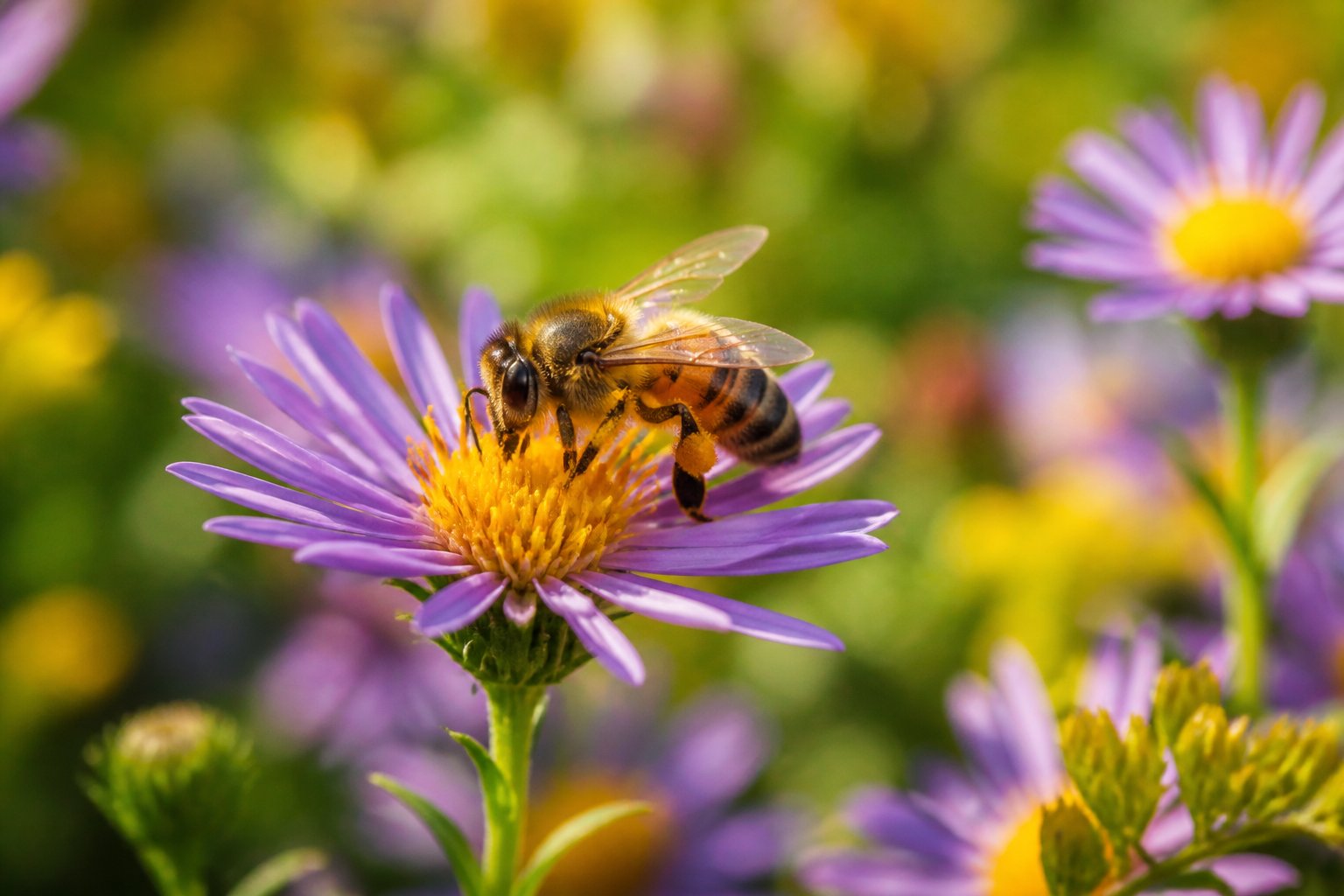 A close-up of a honeybee on a wildflower in a sunlit meadow with colorful flowers and green plants around.