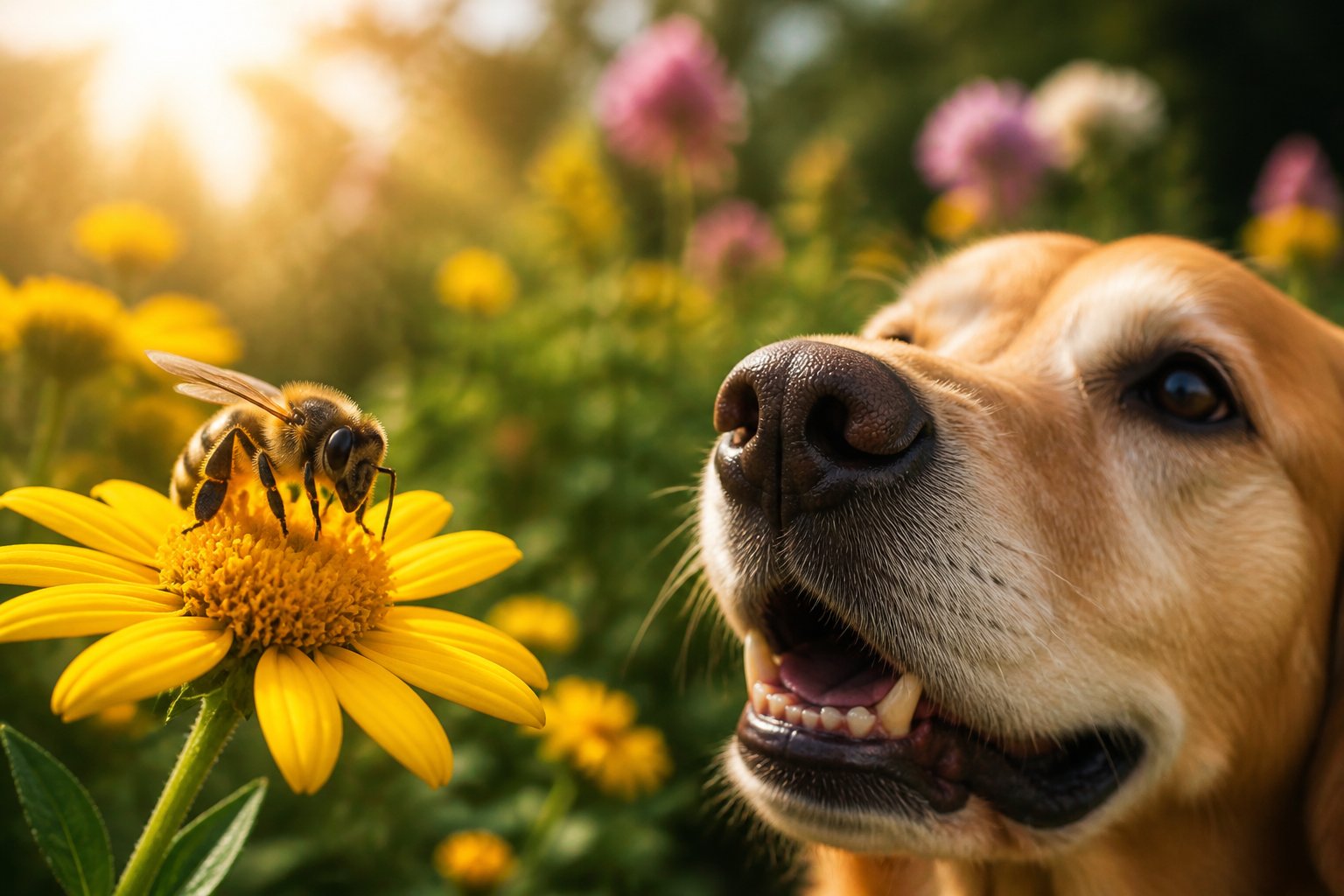 A close-up of a honeybee on a yellow flower with a dog nearby sniffing the air attentively.