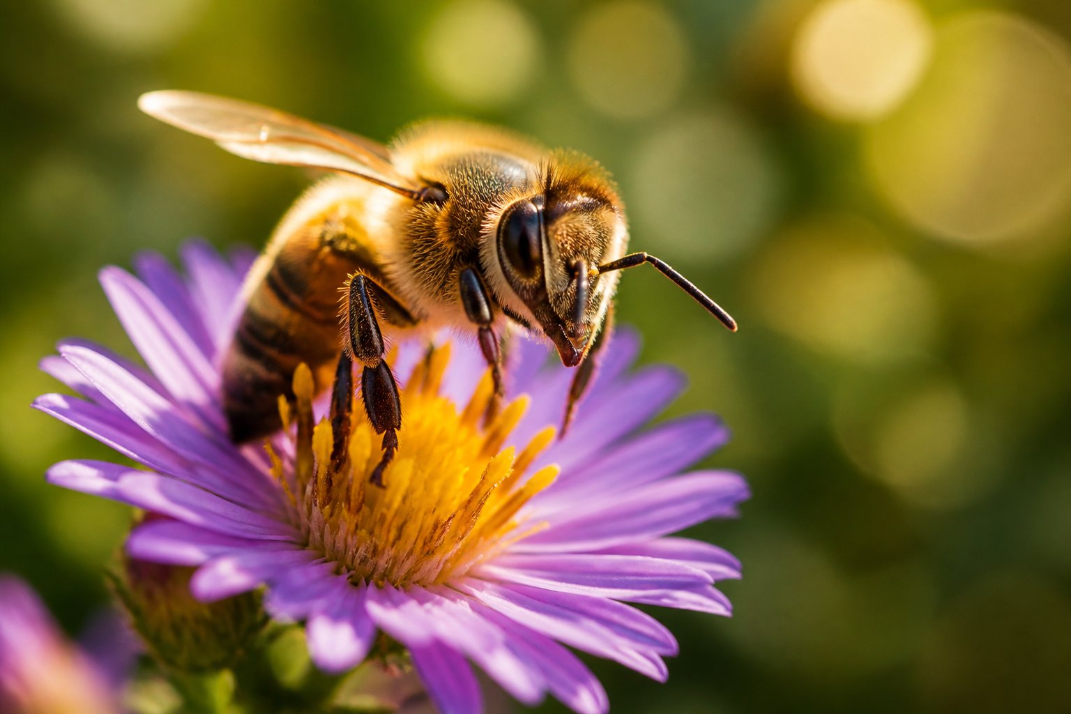 A honeybee sitting on a colorful flower with green leaves blurred in the background.