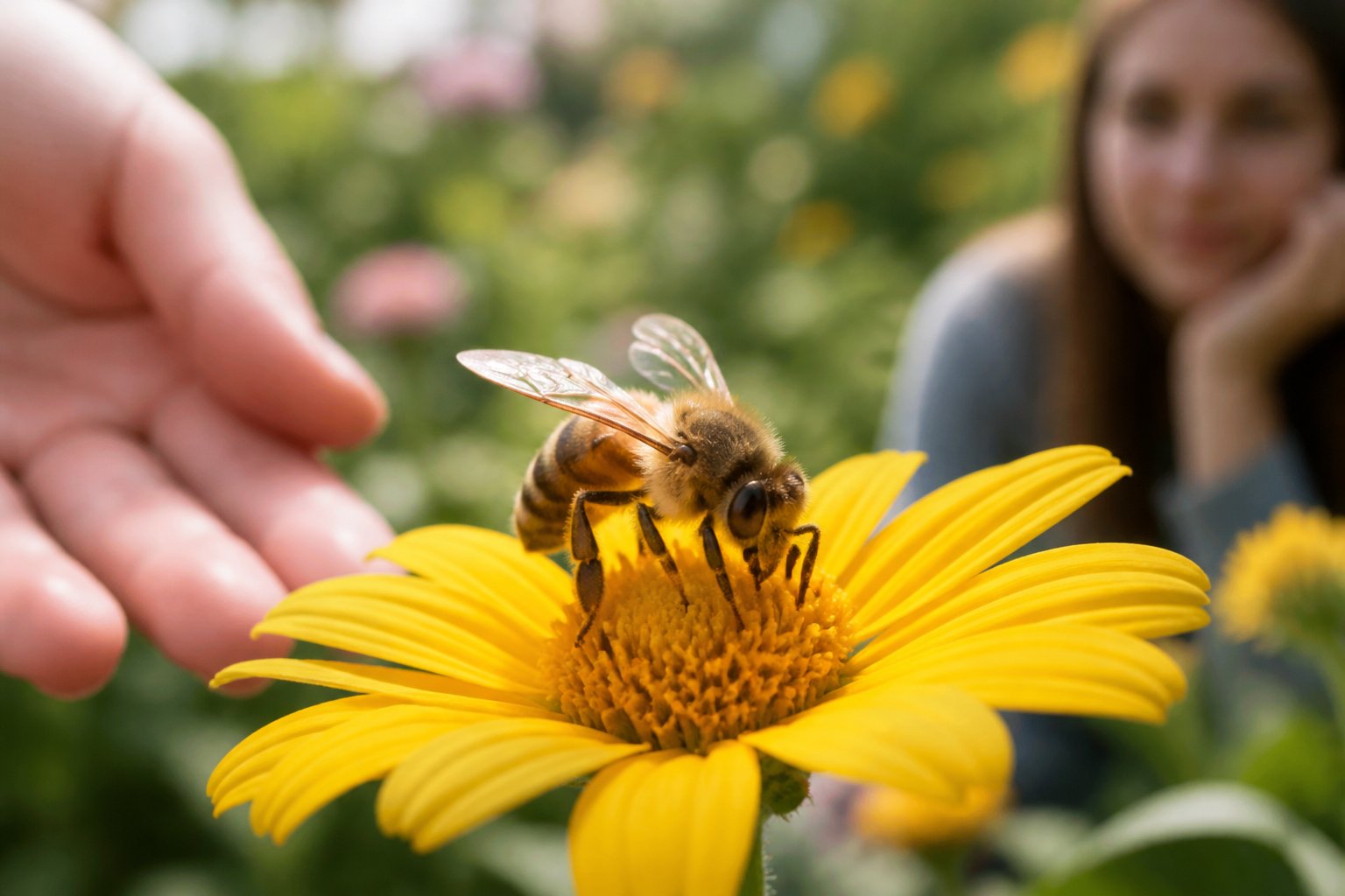 A honeybee collecting nectar from a yellow flower with a person gently reaching towards it in the background.