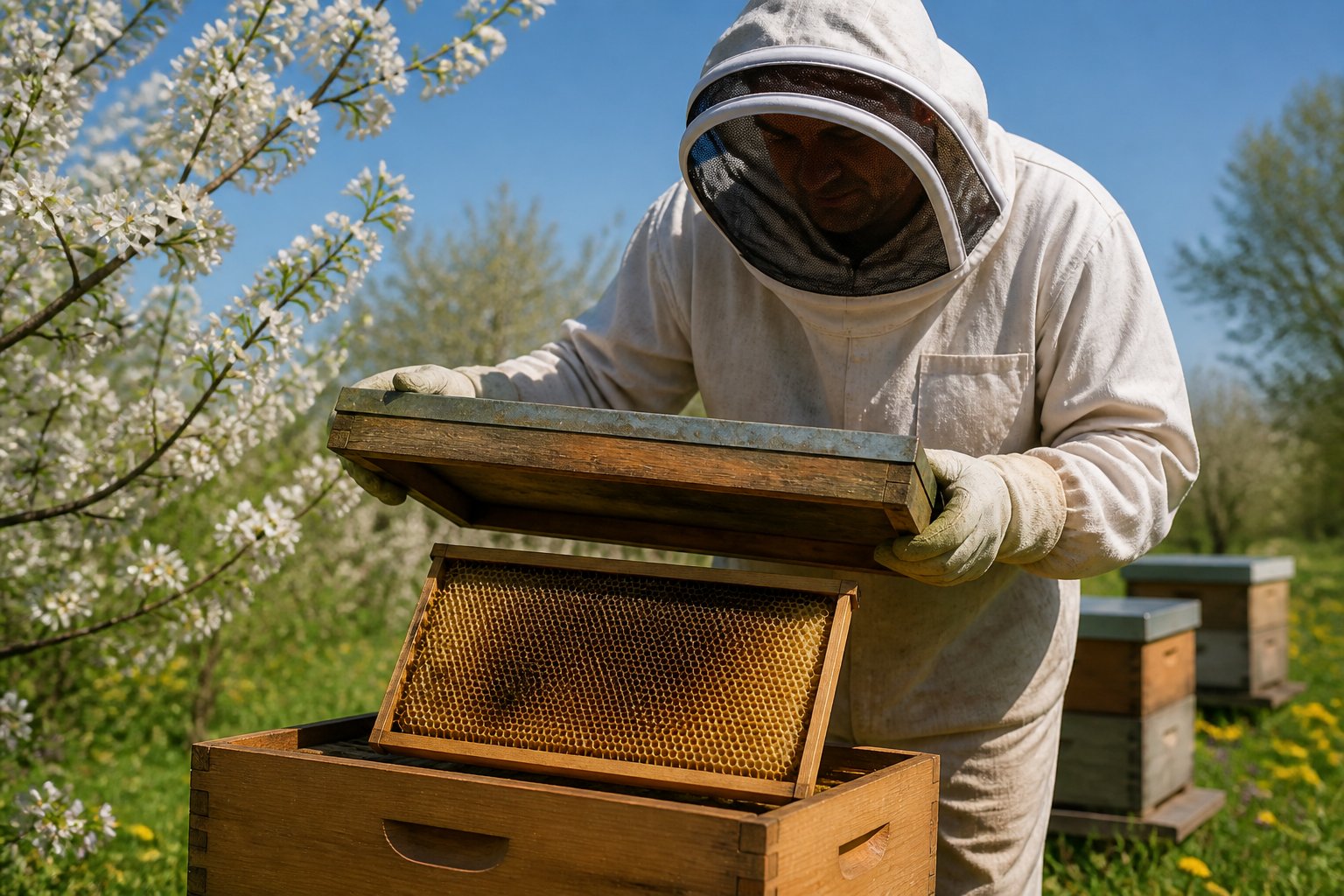 A beekeeper in protective clothing inspecting an empty beehive outdoors on a sunny day.
