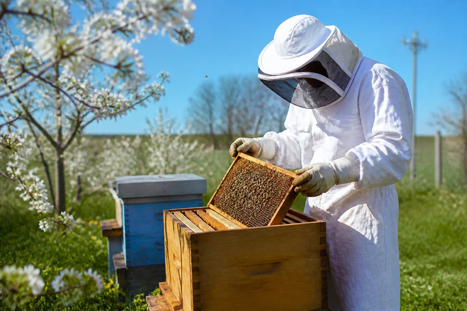 A beekeeper in protective clothing inspecting a wooden beehive outdoors surrounded by blooming flowers and green grass.