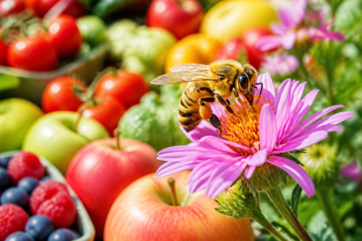 A honeybee collecting nectar from a flower with fruits and vegetables visible in the background.