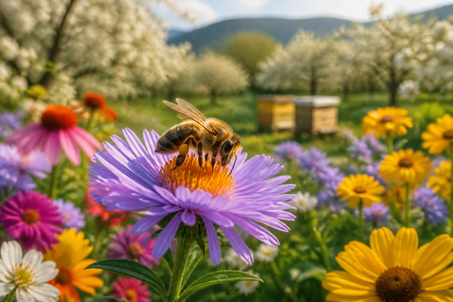 Close-up of a honeybee collecting nectar from a colorful flower with a garden in the background.