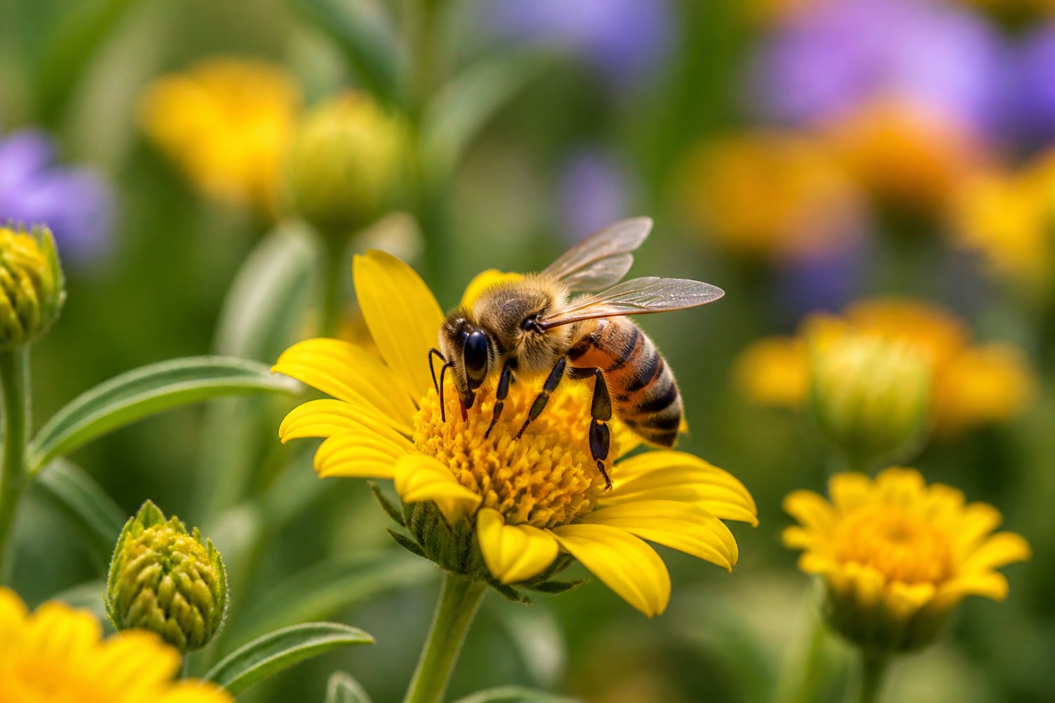 Close-up of a honeybee collecting nectar from a yellow flower in a garden.