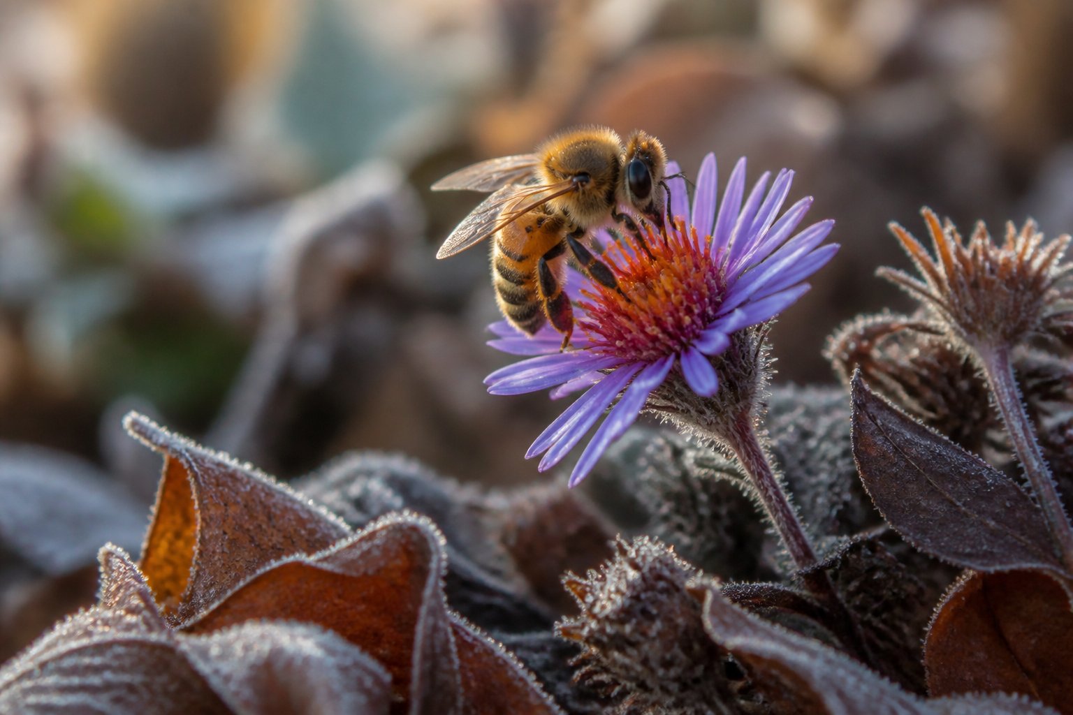 A honeybee collecting nectar from a late autumn flower surrounded by dried leaves and soft natural light.