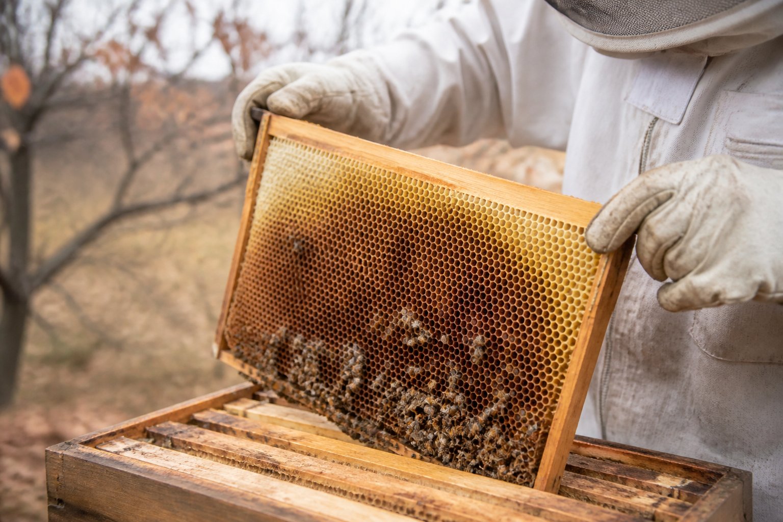 A beekeeper inspecting a wooden beehive frame with bees clustered on the honeycomb outdoors in late autumn.
