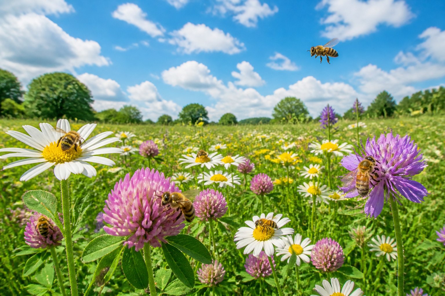A meadow full of blooming flowers with honeybees pollinating them under a clear blue sky.
