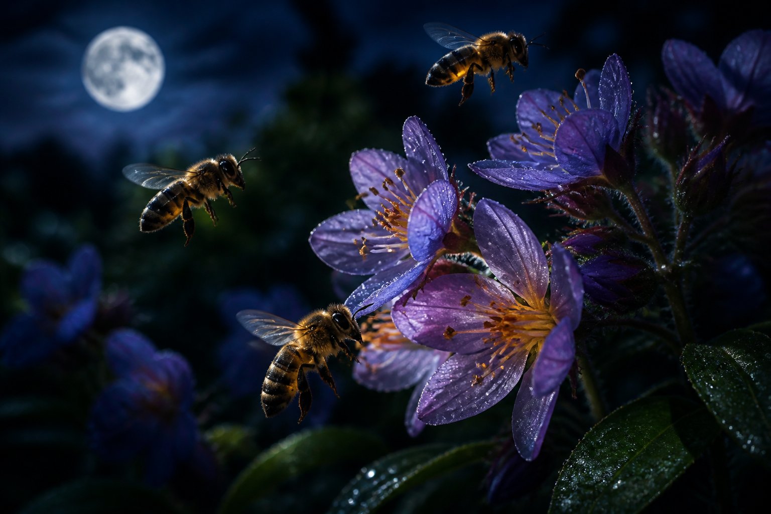 Close-up of bees flying near glowing flowers at night in a dark garden.