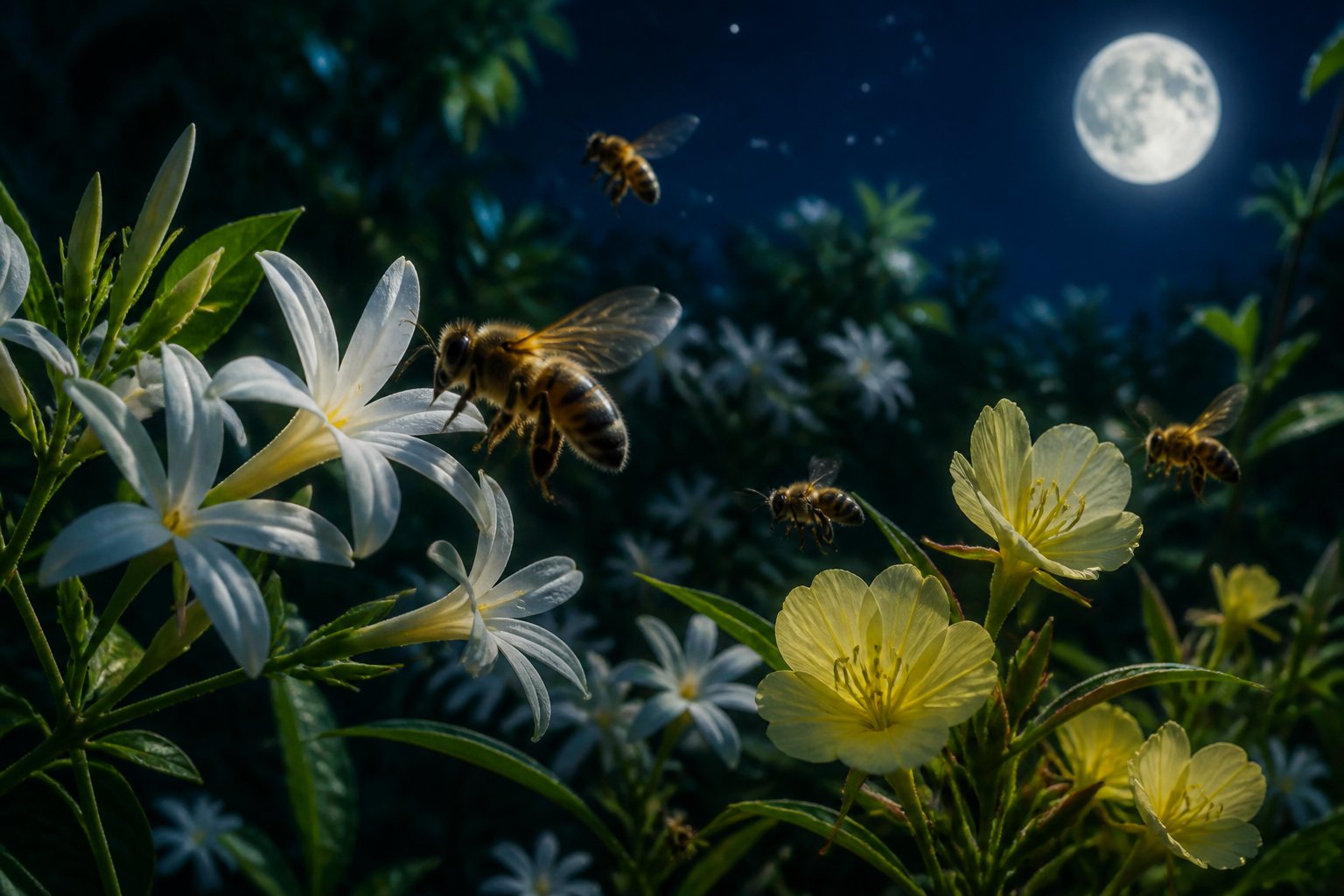 Bees flying around blooming flowers in a garden at night under soft moonlight.